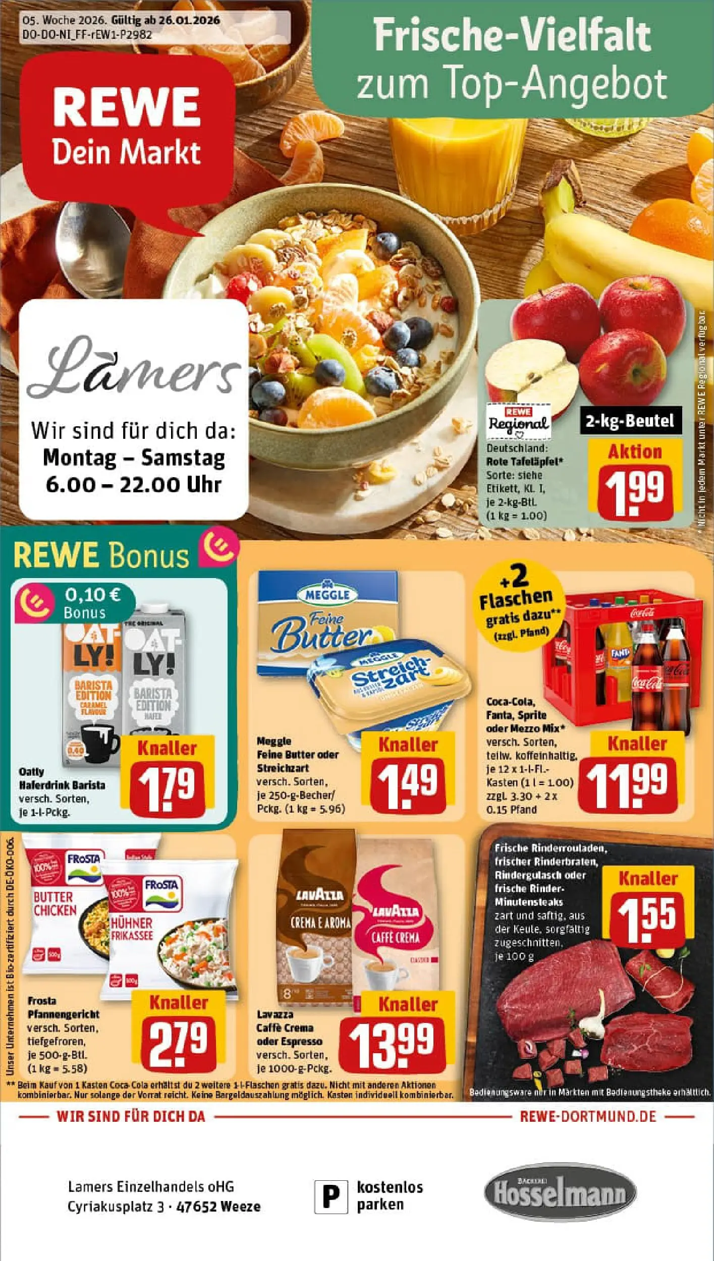 REWE Prospekt ab 26.01.2026 zum Blättern » Angebote | Seite: 1 | Produkte: Rindergulasch, Lavazza, Frosta, Haferdrink