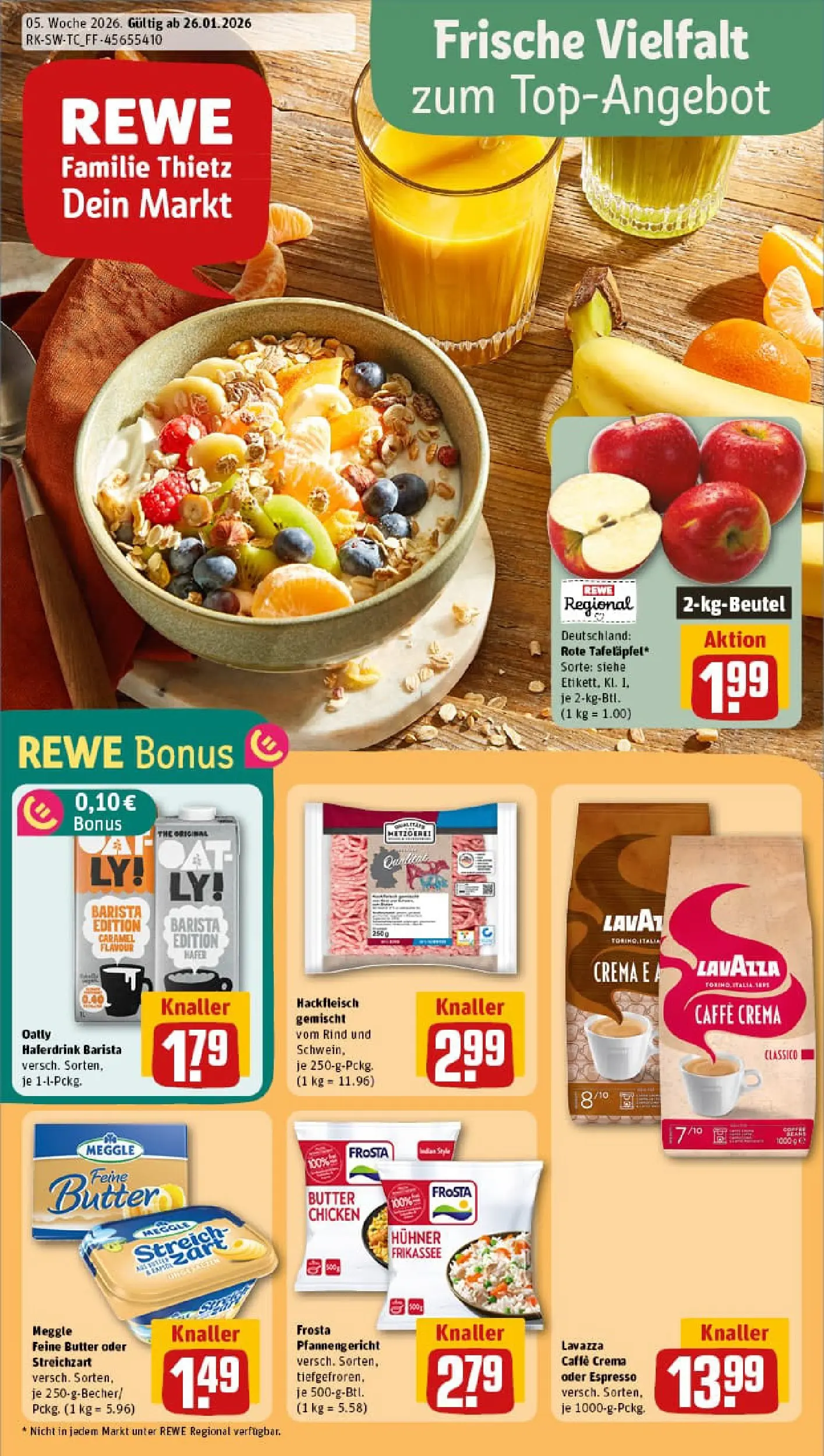 REWE Prospekt ab 26.01.2026 zum Blättern » Angebote | Seite: 1 | Produkte: Butter, Frosta, Oatly, Hackfleisch