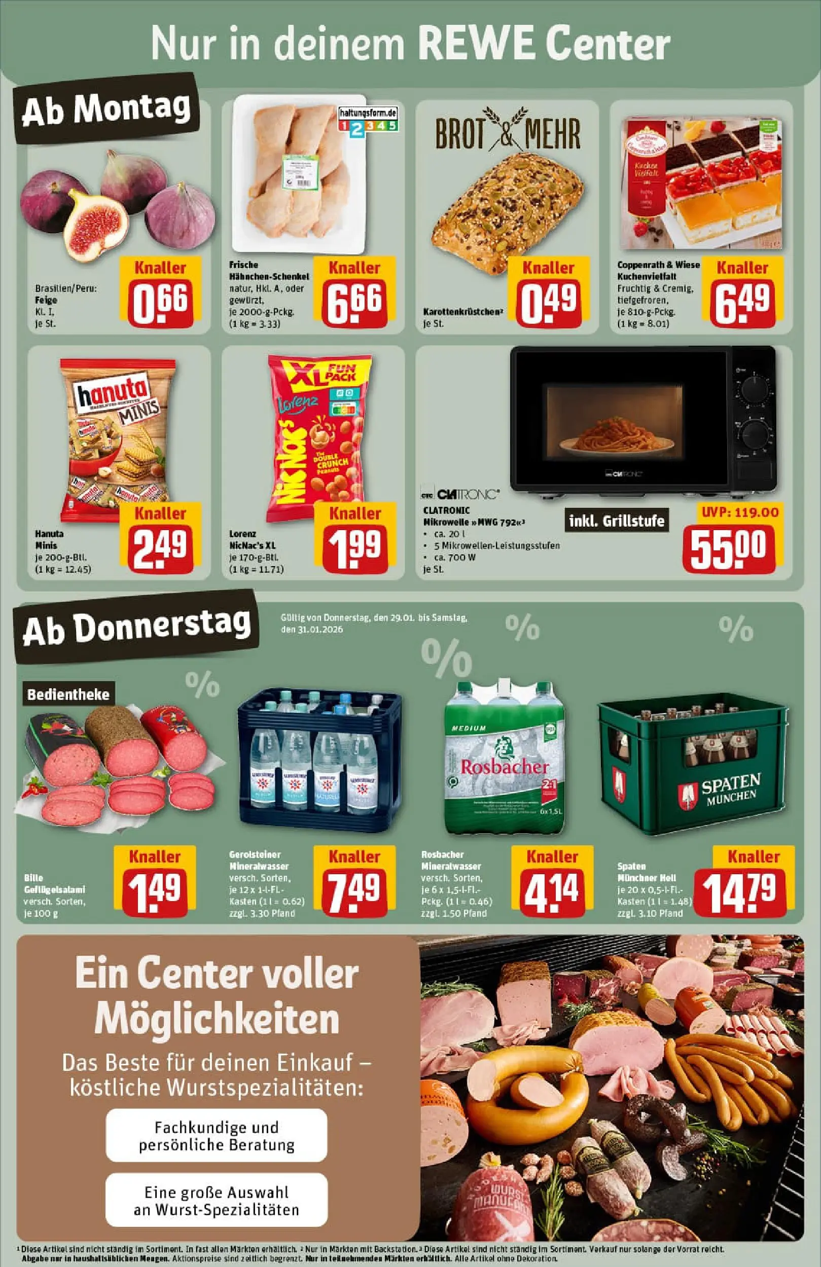 REWE Prospekt ab 26.01.2026 zum Blättern » Angebote | Seite: 3 | Produkte: Mikrowelle, Hahnchenschenkel, Brot, Gerolsteiner