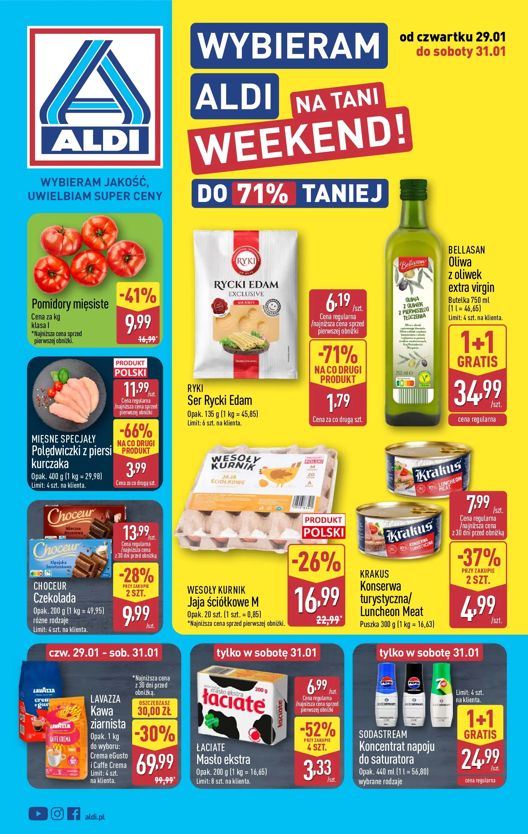 Aldi - Tani weekend w ALDI od 28.01.2026 - Ulotka PDF, promocje | Strona: 1 | Produkty: Masło, Ser, Kawa, Pomidory