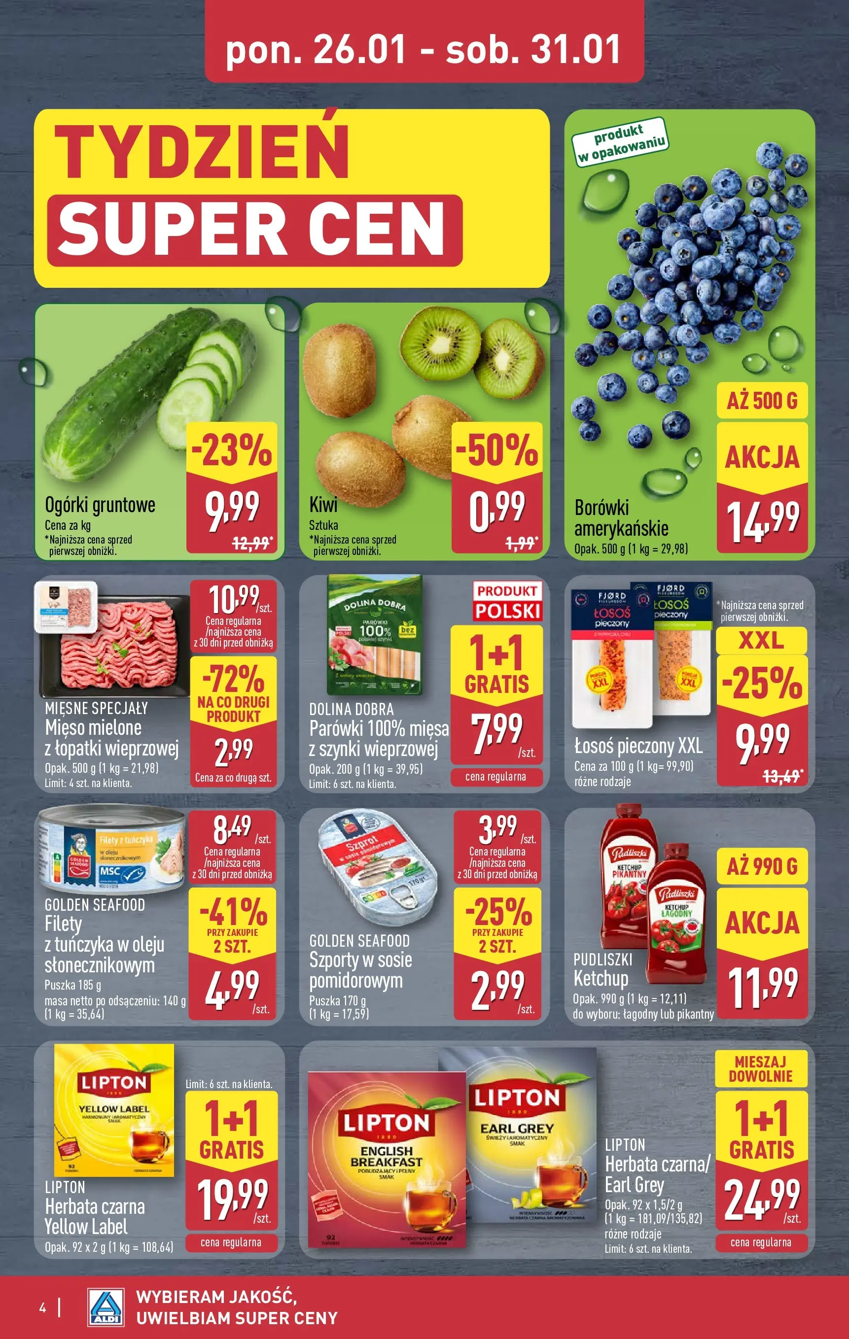 Aldi - Tani weekend w ALDI od 28.01.2026 - Ulotka PDF, promocje | Strona: 4 | Produkty: Ketchup, Parówki, Herbata, Ogórki