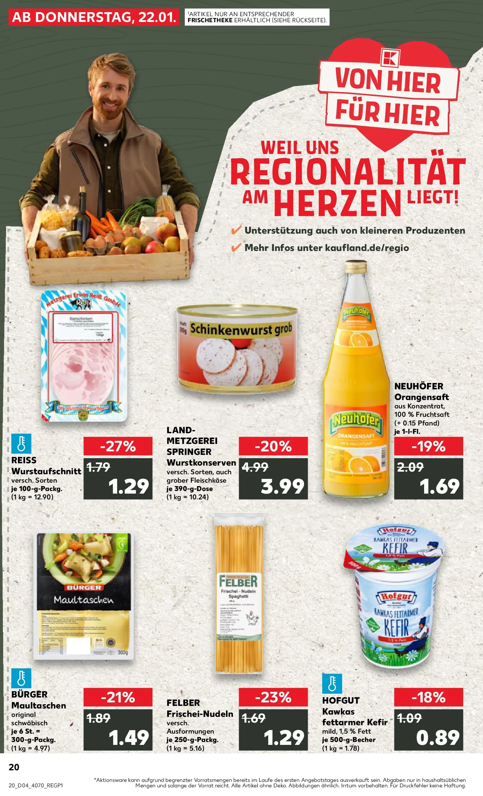 Prospekt Kaufland ab 25.01.2026 » Angebote Online zum Blättern | Seite: 20 | Produkte: Kefir, Burger, Maultaschen, Fruchtsaft