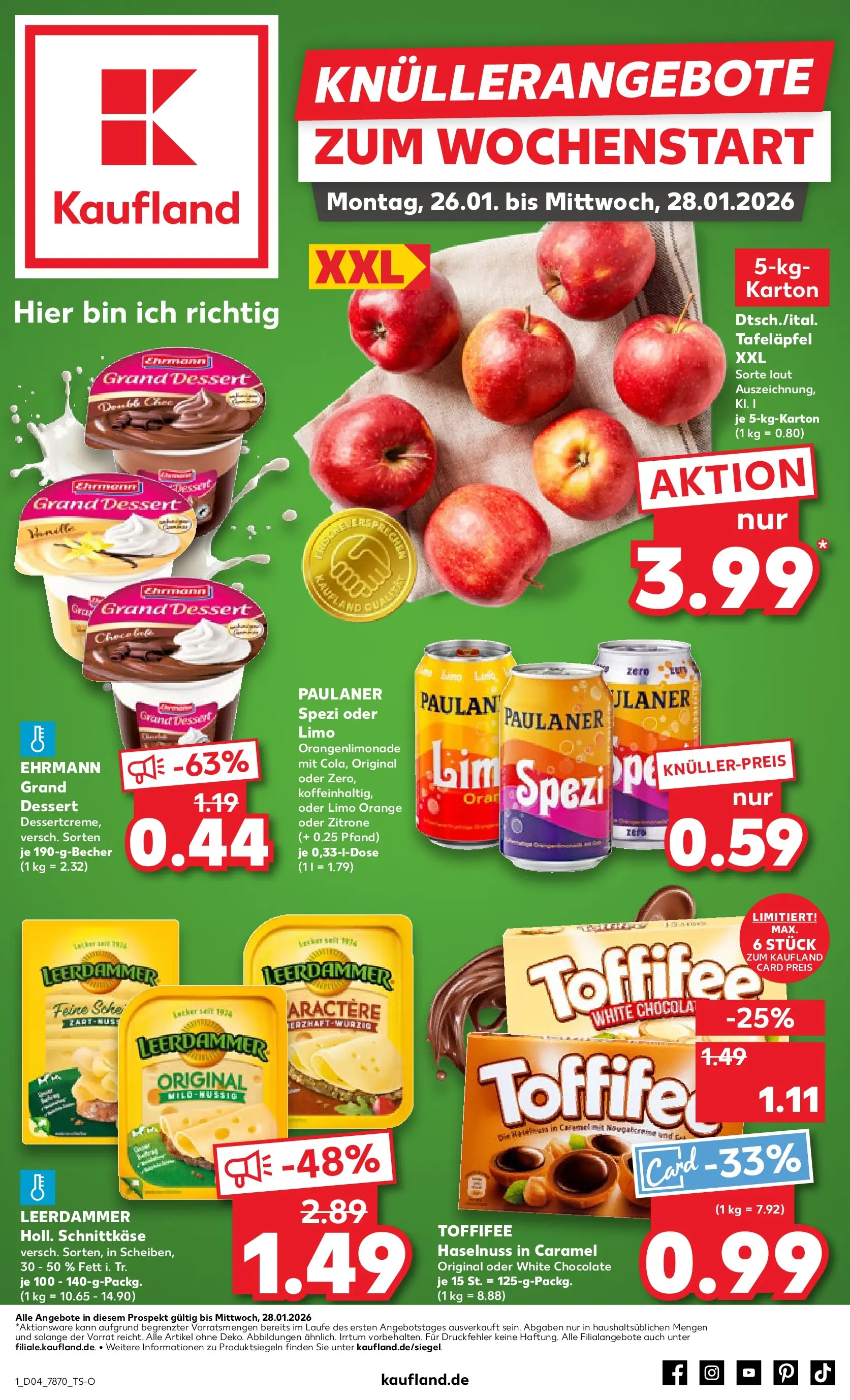 Prospekt Kaufland ab 25.01.2026 » Angebote Online zum Blättern | Seite: 1 | Produkte: Ehrmann grand dessert, Paulaner spezi, Toffifee, Paulaner