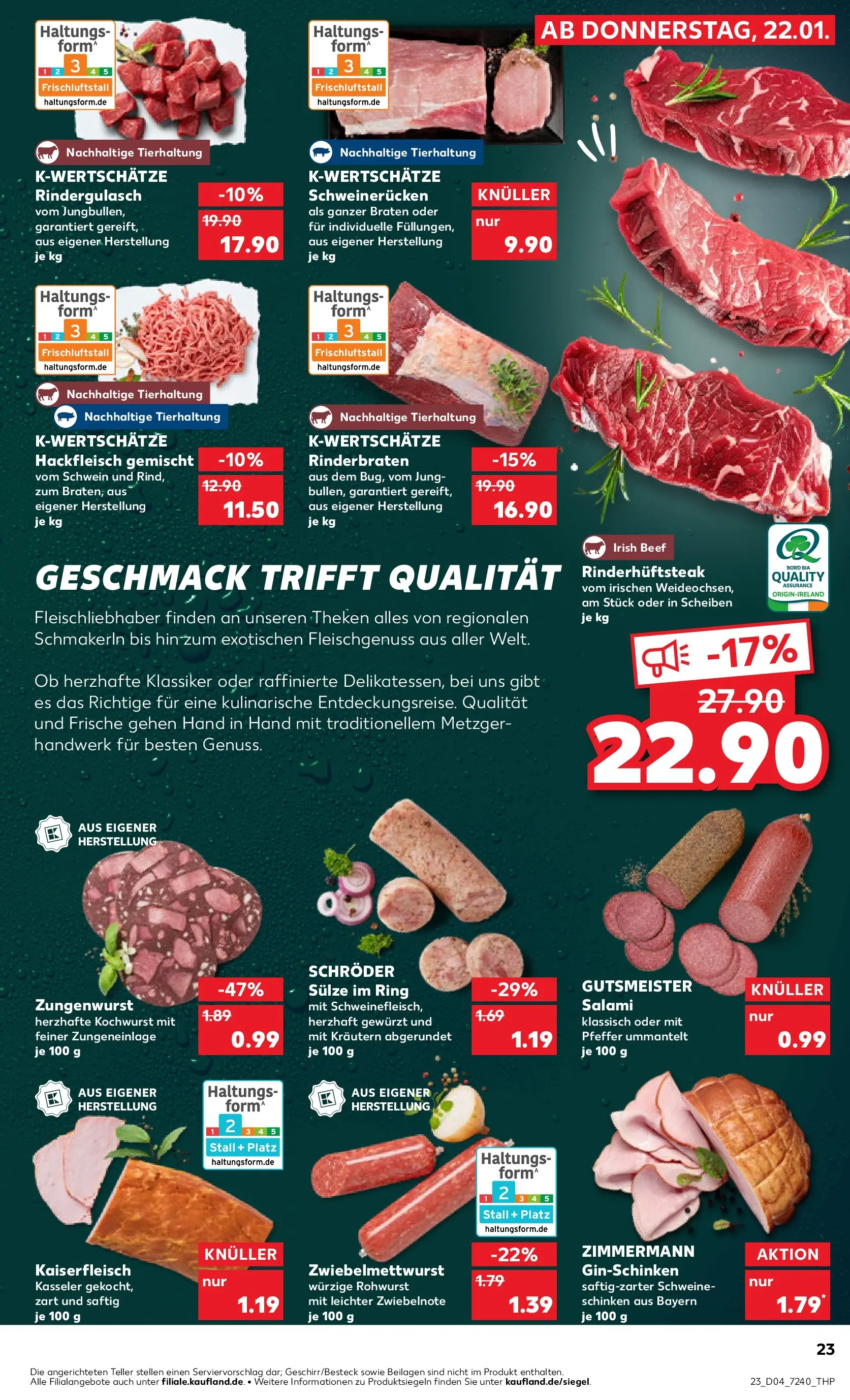 Prospekt Kaufland ab 25.01.2026 » Angebote Online zum Blättern | Seite: 23 | Produkte: Rindergulasch, Schweinerucken, Salami, Gin