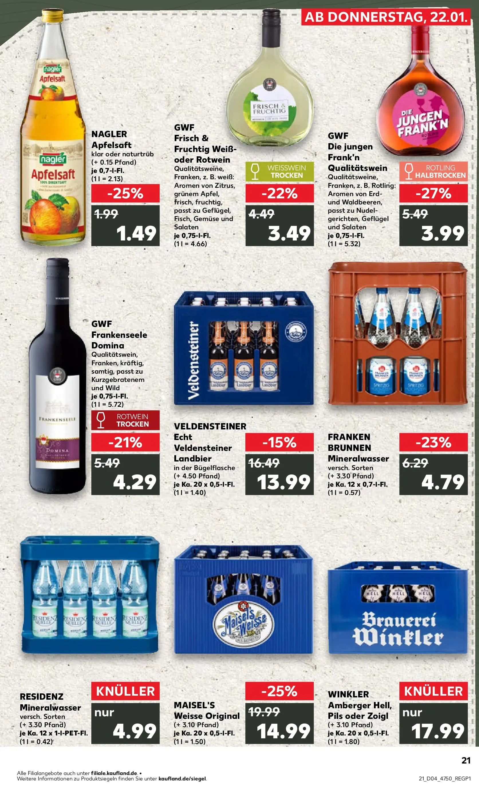 Prospekt Kaufland ab 25.01.2026 » Angebote Online zum Blättern | Seite: 21 | Produkte: Rotwein trocken, Pils, Mineralwasser, Apple
