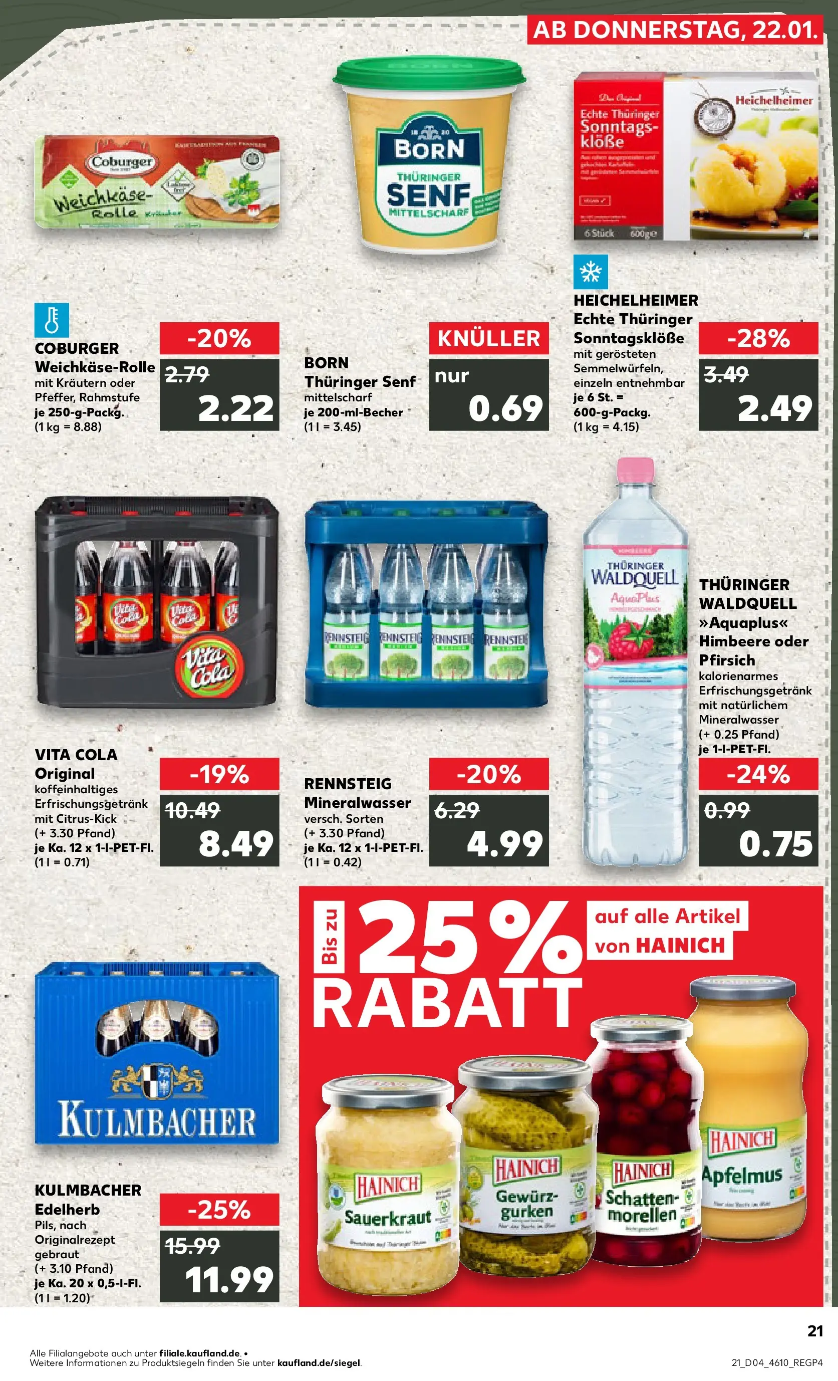 Prospekt Kaufland ab 25.01.2026 » Angebote Online zum Blättern | Seite: 21 | Produkte: Cola, Mineralwasser, Vita cola, Gurken