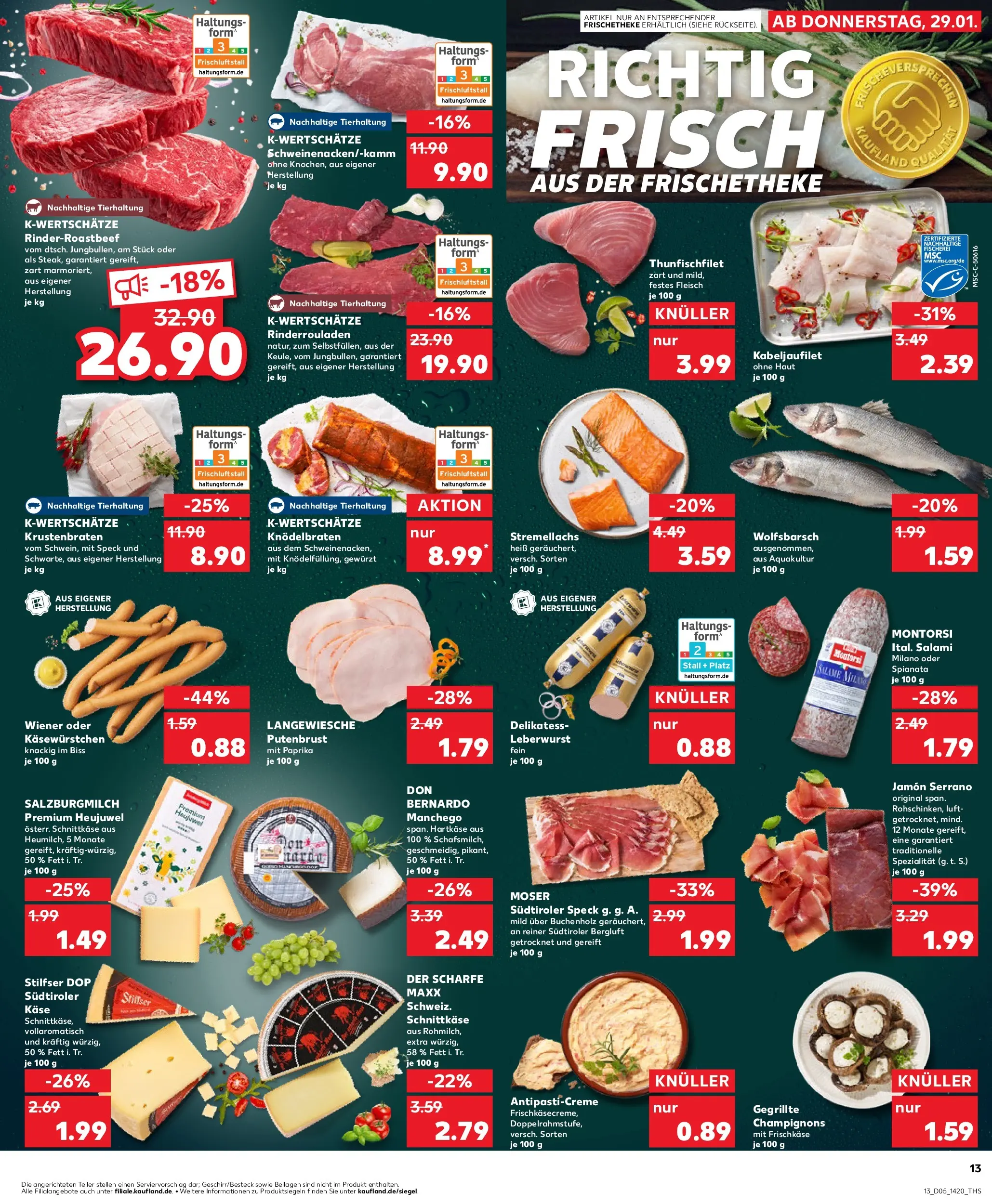 Prospekt Kaufland ab 29.01.2026 » Angebote Online zum Blättern | Seite: 13 | Produkte: Rinderrouladen, Krustenbraten, Champignons, Salami