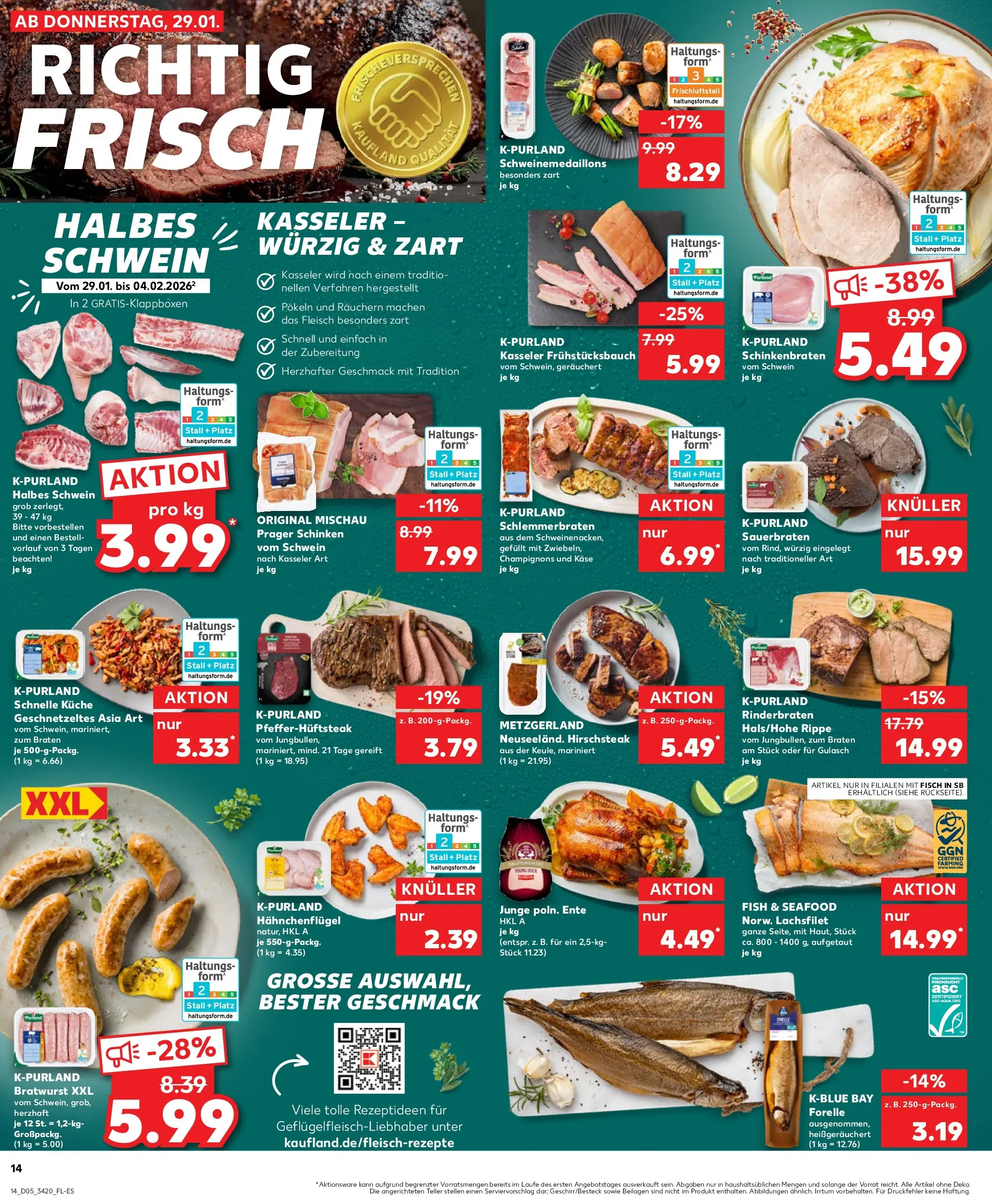 Prospekt Kaufland ab 28.01.2026 » Angebote Online zum Blättern | Seite: 14 | Produkte: Fisch, Champignons, Gulasch, Ente