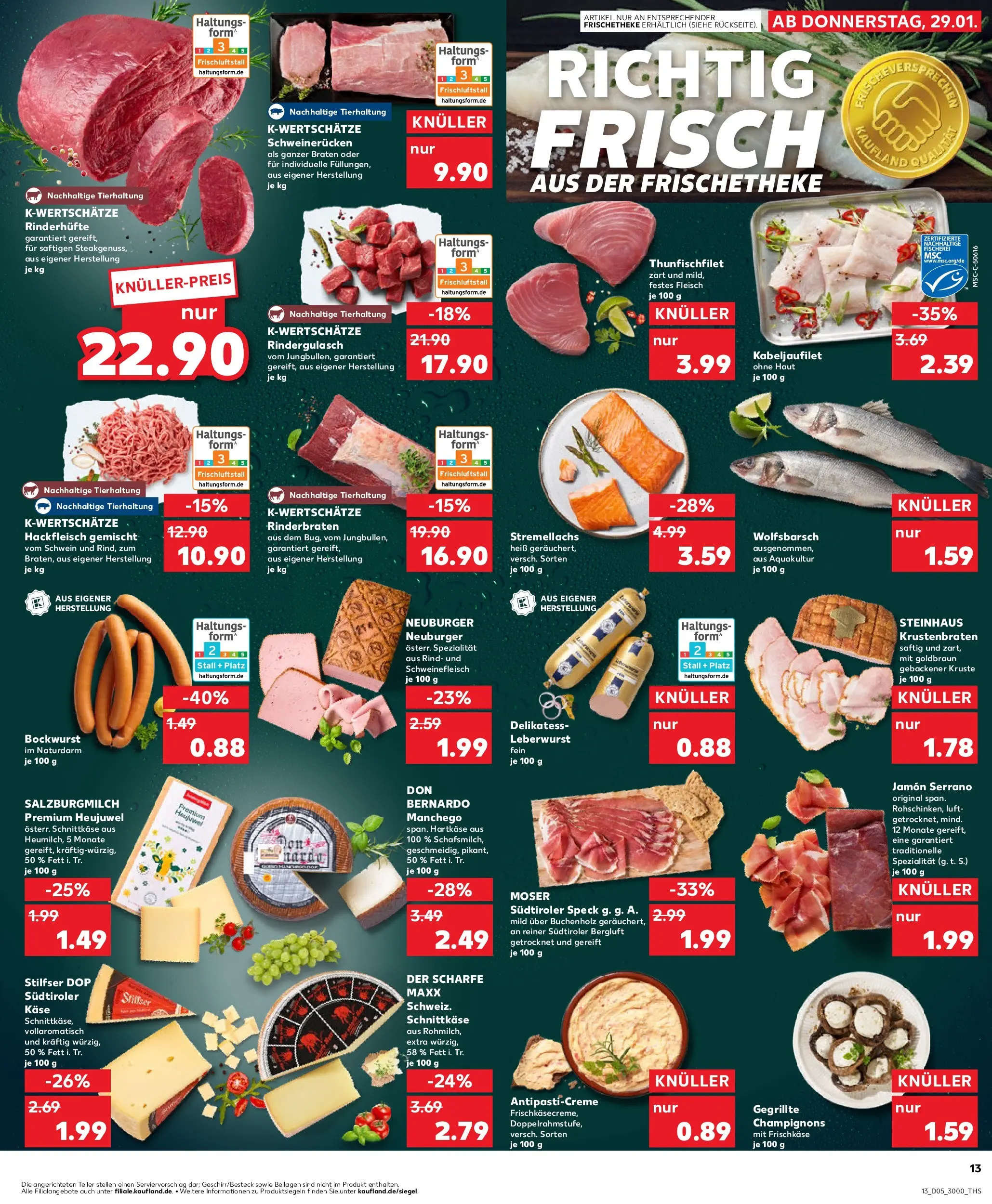 Prospekt Kaufland ab 28.01.2026 » Angebote Online zum Blättern | Seite: 13 | Produkte: Käse, Krustenbraten, Champignons, Hackfleisch