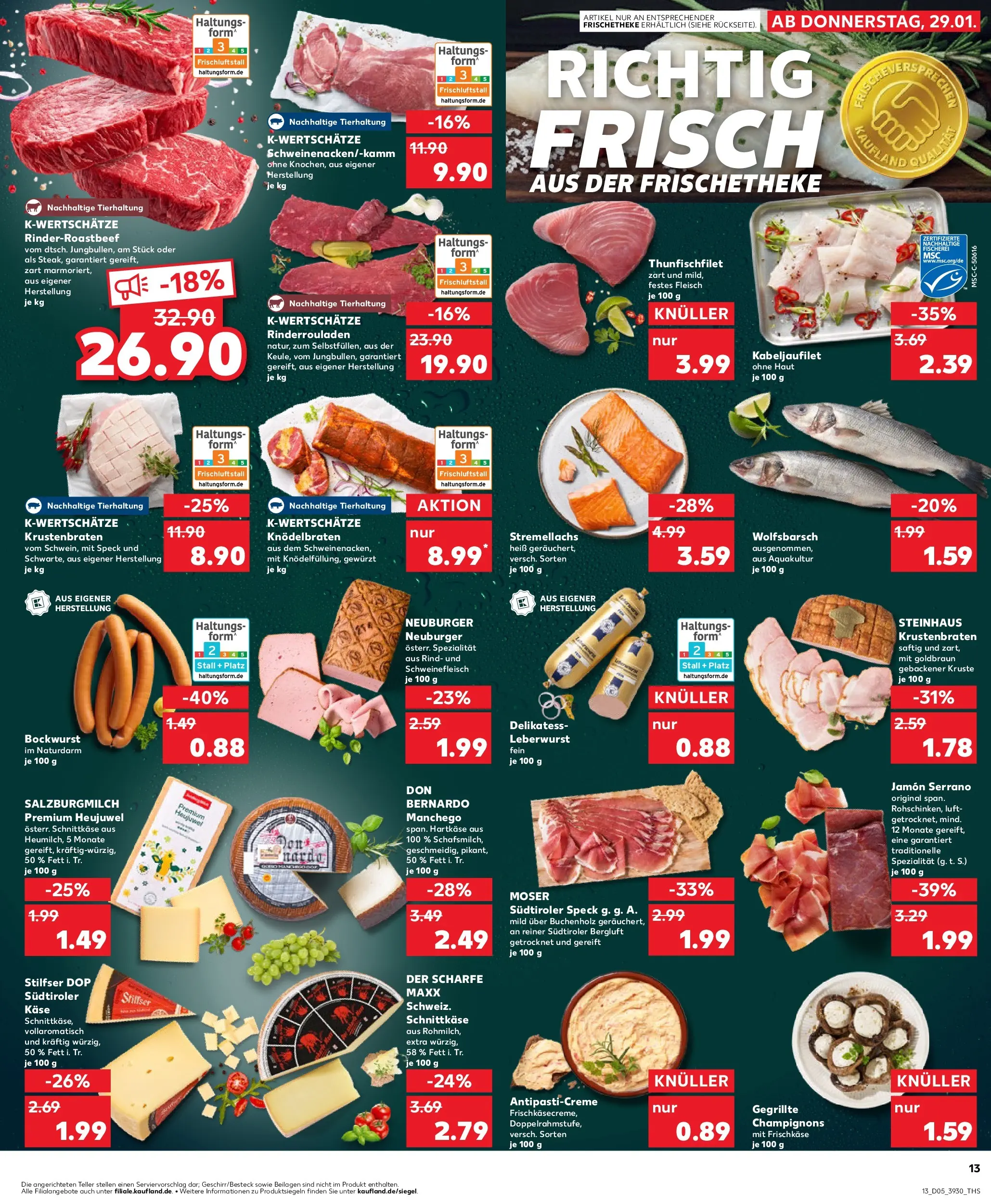 Prospekt Kaufland ab 28.01.2026 » Angebote Online zum Blättern | Seite: 13 | Produkte: Käse, Krustenbraten, Champignons, Schweinefleisch