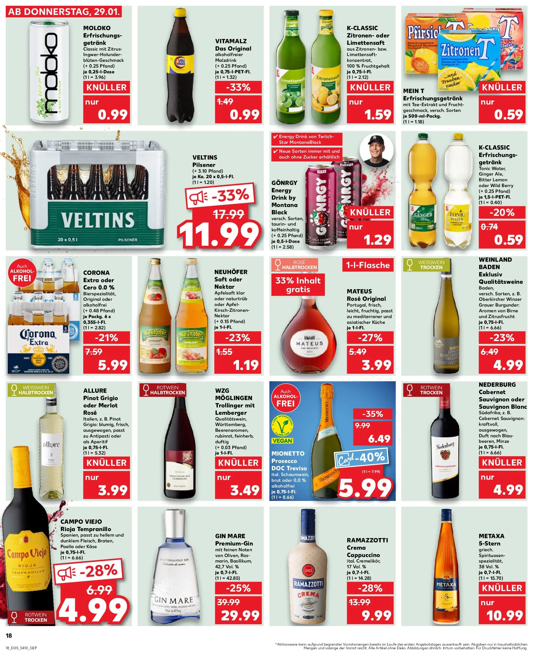 Prospekt Kaufland ab 29.01.2026 » Angebote Online zum Blättern | Seite: 18 | Produkte: Rotwein, Ramazzotti crema, Zucker, Veltins