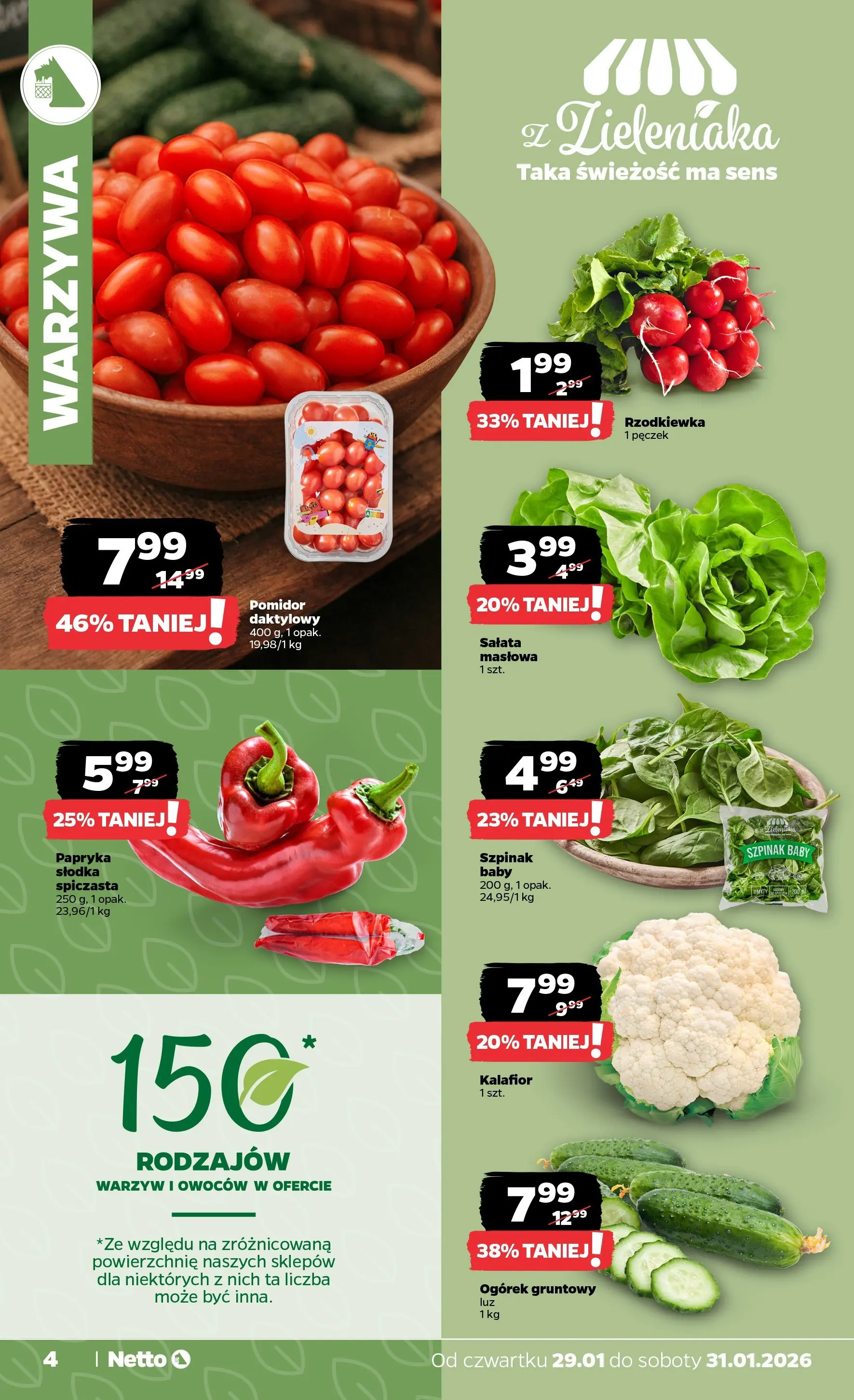 Netto - NETTO T05B ważne do 31.01.2026 od 28.01.2026 - Aktualne promocje | Strona: 4 | Produkty: Kalafior, Papryka, Szpinak, Warzywa