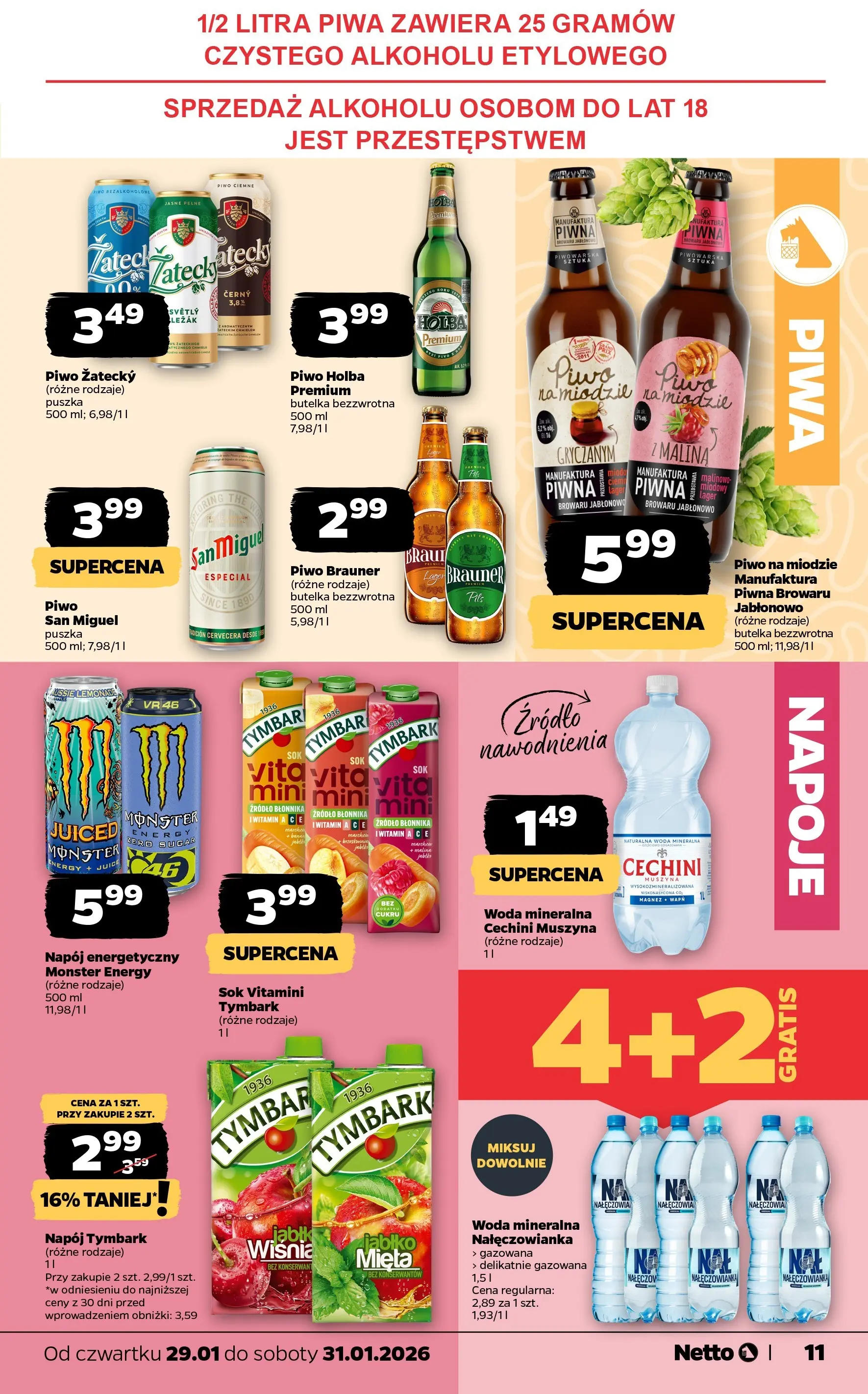 Netto - NETTO T05B ważne do 31.01.2026 od 28.01.2026 - Aktualne promocje | Strona: 11 | Produkty: Napoje, Leżak, Cechini muszyna, Woda