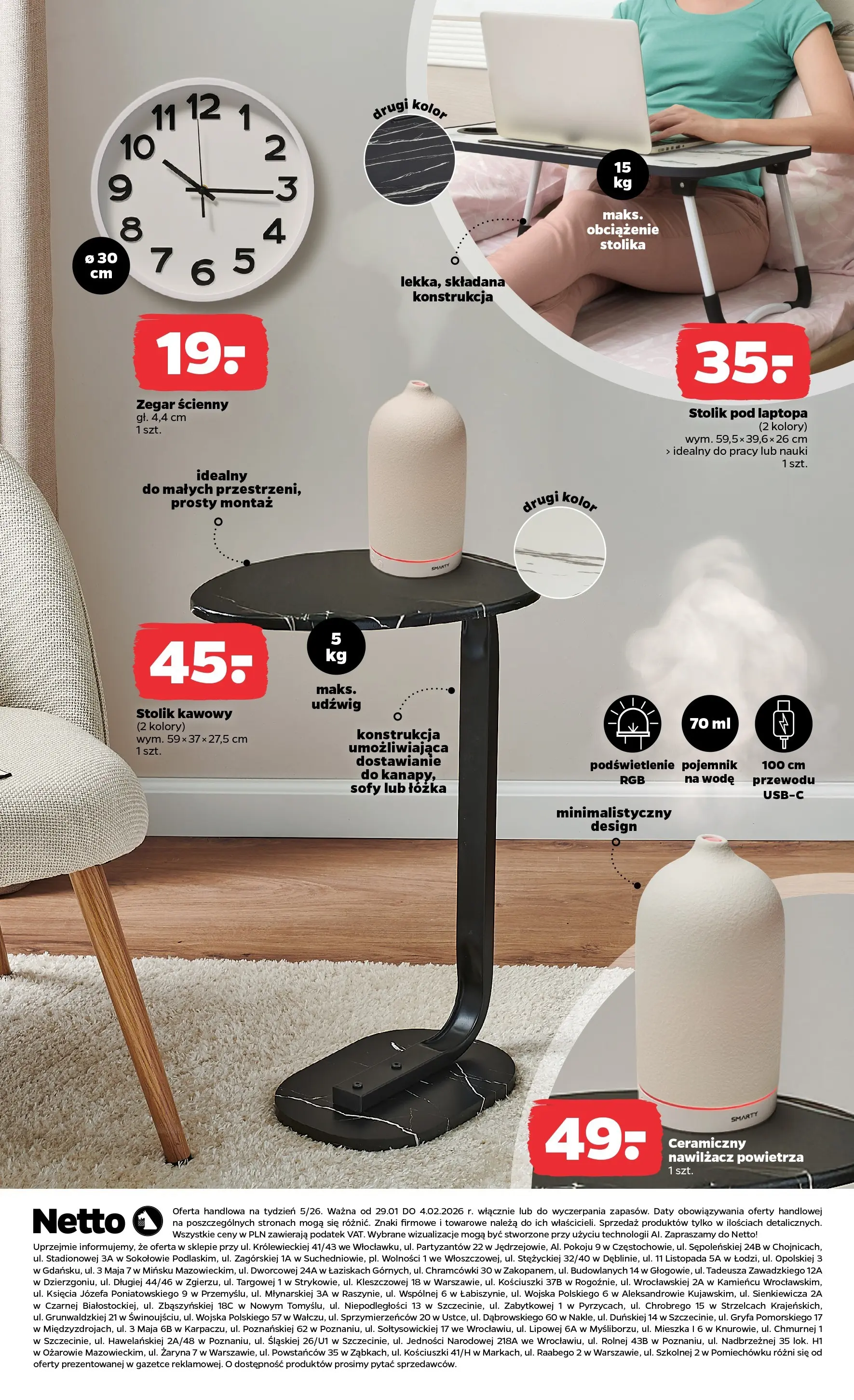 Netto - NETTO T05B ważne do 31.01.2026 od 28.01.2026 - Aktualne promocje | Strona: 26 | Produkty: Zegar, Stolik kawowy, Nawilżacz powietrza