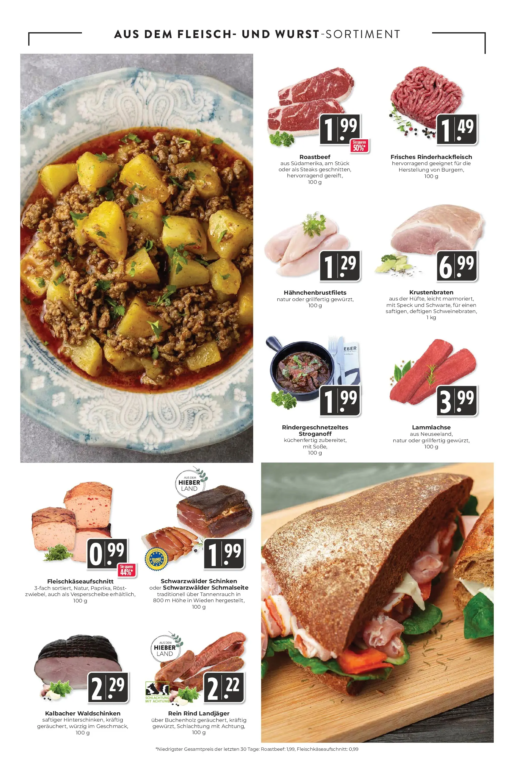 Entdecke - Hieber's Frischecenter: Meine Woche (ab 25.01.2026) zum Blättern | Seite: 4 | Produkte: Krustenbraten, Roastbeef, Schinken, Fleisch