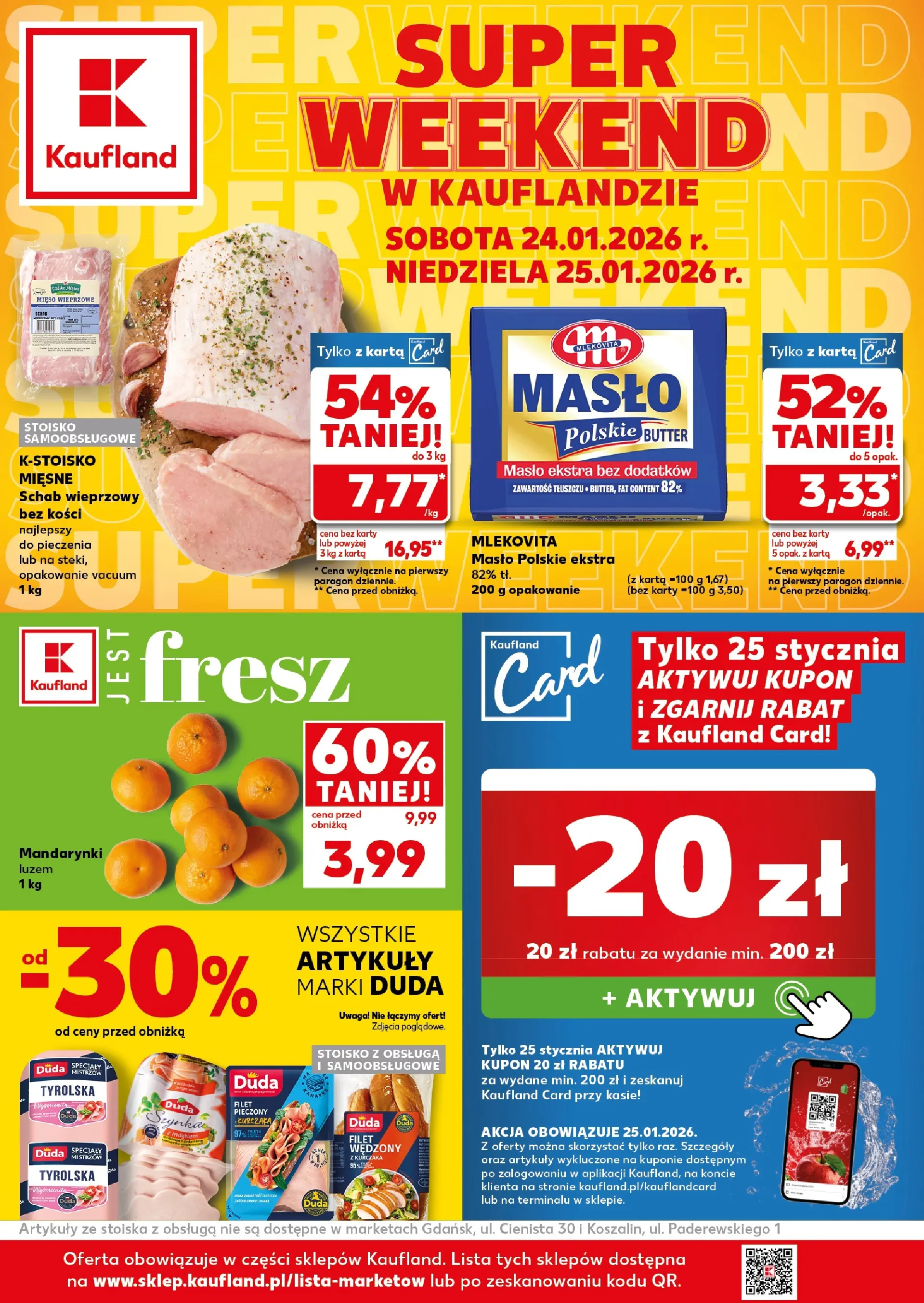 Kaufland gazetka - Super weekend od 24.01.2026 - od jutra PDF | Strona: 1 | Produkty: Schab wieprzowy, Schab wieprzowy bez kości, Szynka, Mandarynki