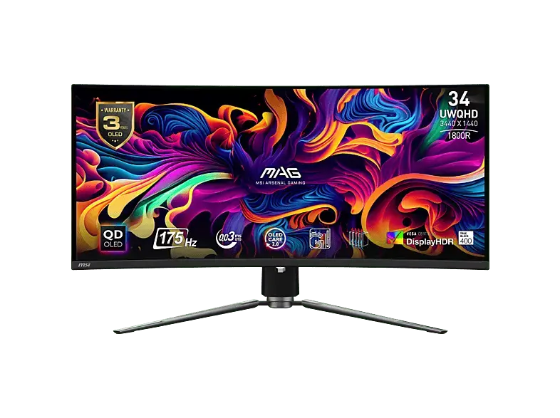 MSI MAG 341CQPDE QD OLED 34 Zoll Curved Gaming Monitor, UWQHD, 0,03 ms Reaktionszeit, 250 cd/m&sup2;, 175 Hz, Schwarz
