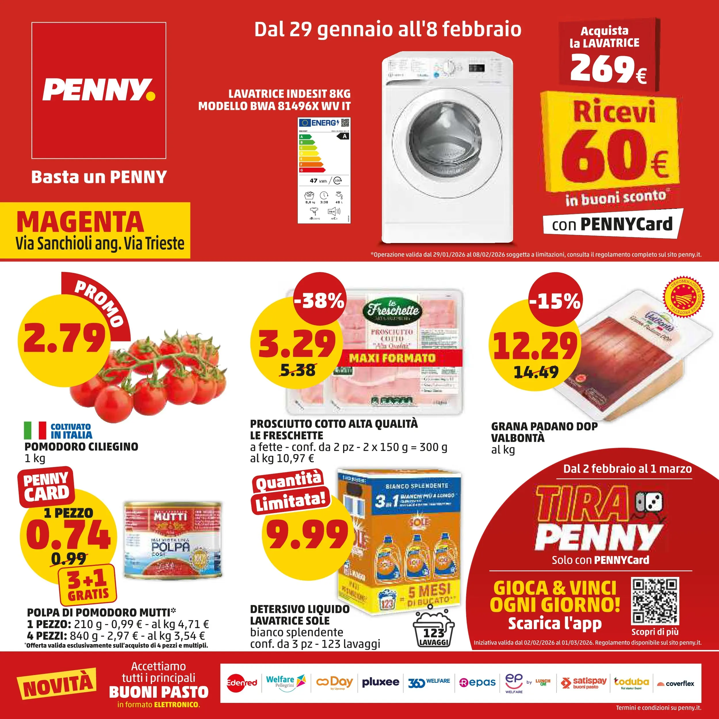 Volantino PENNY dal 28/01/2026 anteprima > (PENNY - Dal 29 gennaio all'8 febbraio) | Pagina: 1 | Prodotti: Prosciutto, Lavatrice, Grana Padano, Mutti