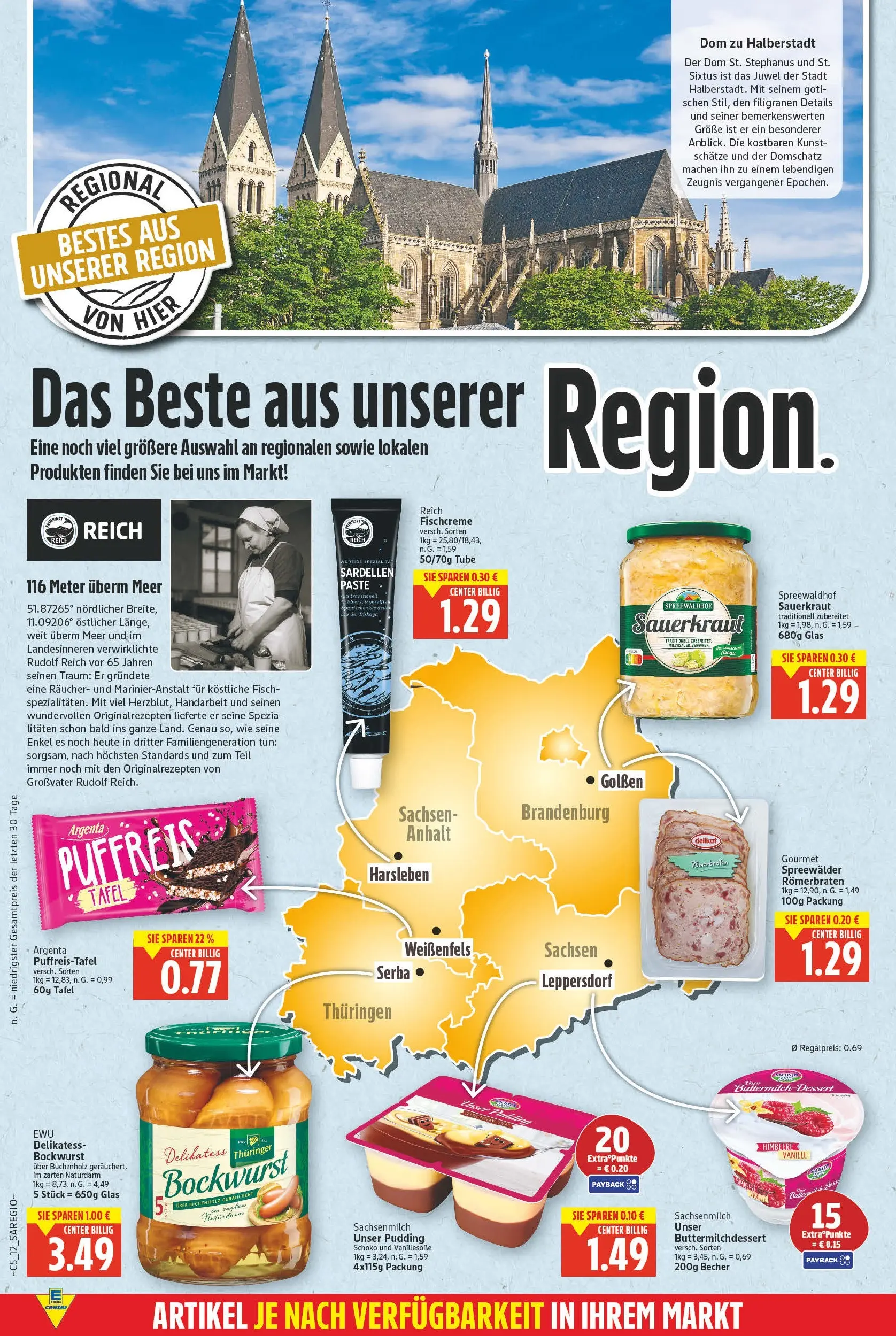 E center - Wochenangebote (ab 10.05.2026) zum Blättern | Seite: 12 | Produkte: Bockwurst, Pudding, Fisch, Himbeere
