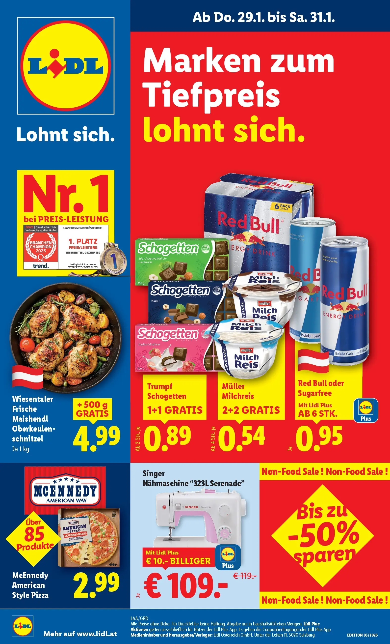 Lidl Flugblatt - Wien, Langenzersdorf, Zwettl ab 29.01.2026 - Angebote ab donnerstag | Seite: 1 | Produkte: Nähmaschine, Milch, Pizza, Reis