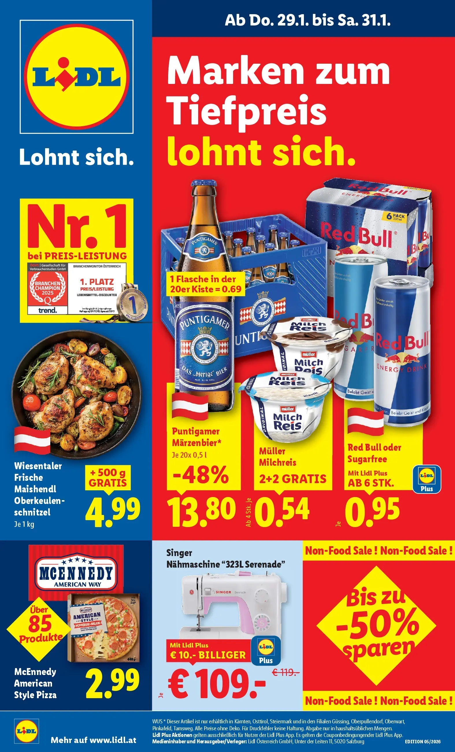 Lidl Flugblatt - Fohnsdorf, Neunkirchen, Graz ab 29.01.2026 - Angebote ab donnerstag | Seite: 1 | Produkte: Nähmaschine, Pizza, Bier, Reis