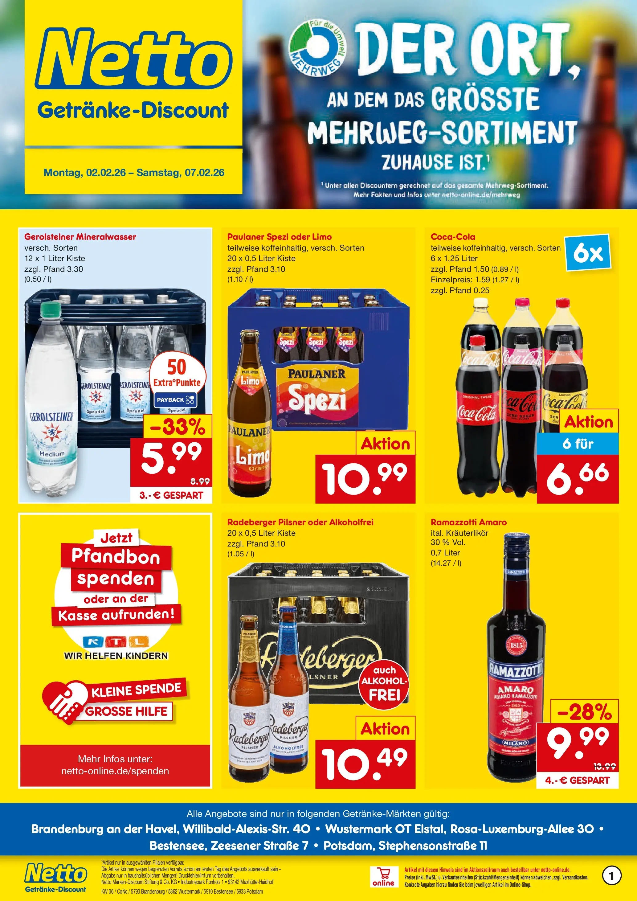 Netto Marken-Discount prospekt Wustermark-Elstal	 (ab 01.02.2026) » Angebote | Seite: 1 | Produkte: Cola, Paulaner spezi, Mineralwasser, Radeberger pilsner