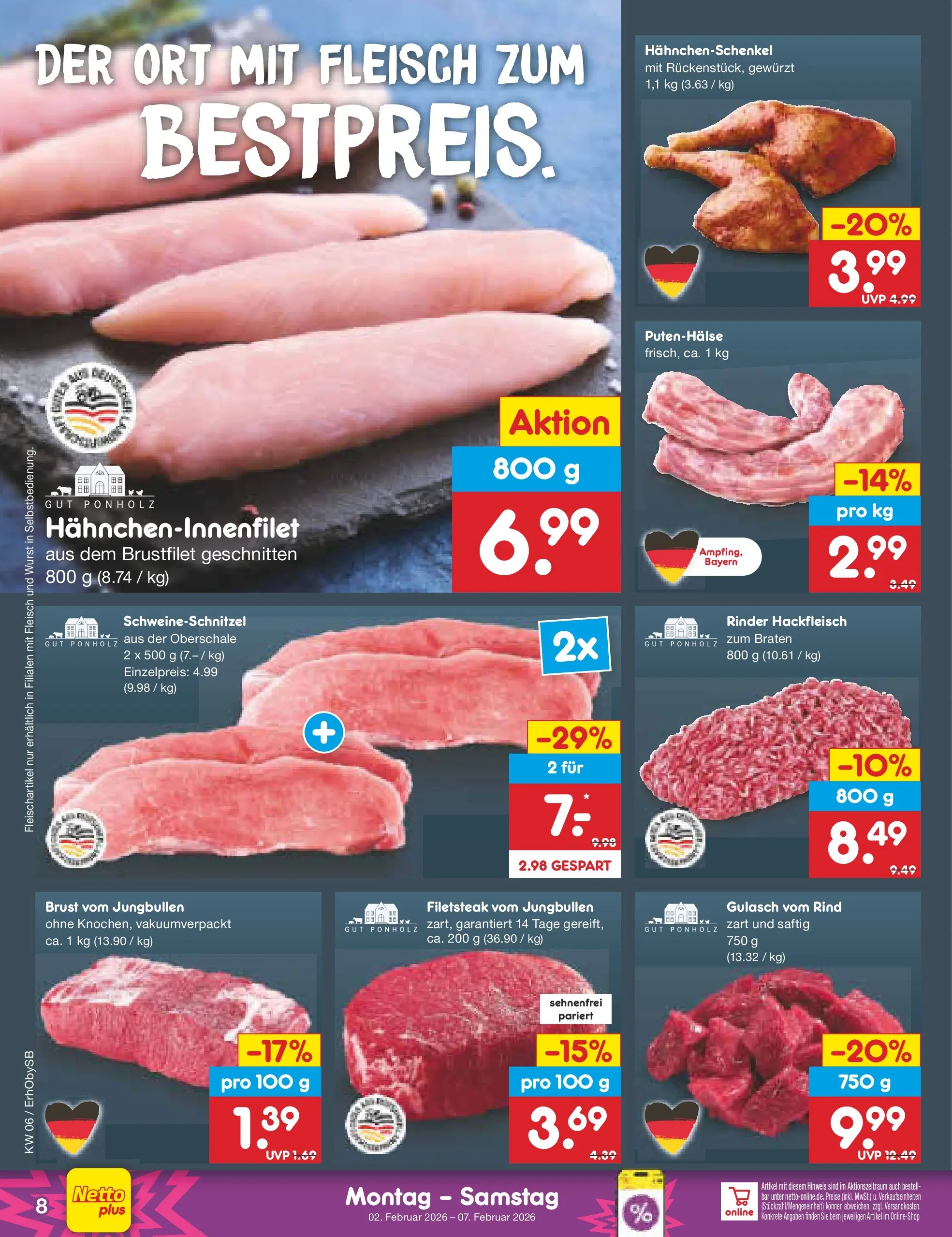 Netto Marken-Discount prospekt Mauern	 (ab 02.02.2026) » Angebote | Seite: 8 | Produkte: Hahnchenschenkel, Gulasch, Wurst, Hackfleisch