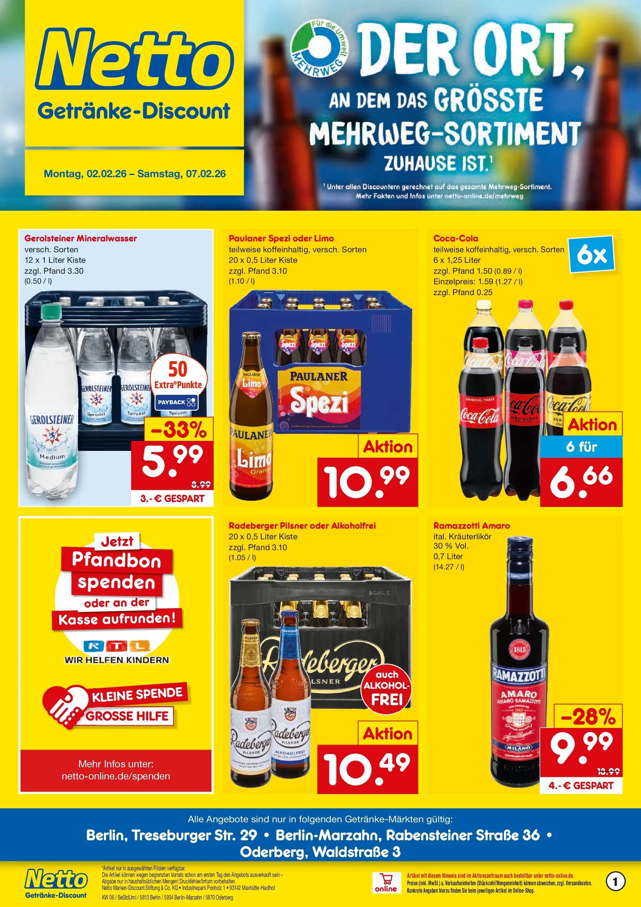 Netto Marken-Discount prospekt Berlin	 (ab 01.02.2026) » Angebote | Seite: 1 | Produkte: Coca cola, Mineralwasser, Ramazzotti, Paulaner