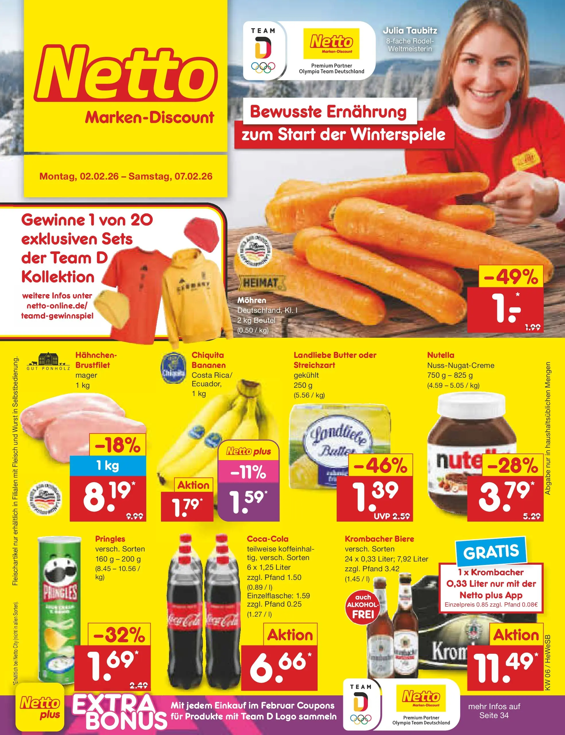 Netto Marken-Discount prospekt Hamburg	 (ab 02.02.2026) » Angebote | Seite: 1 | Produkte: Landliebe butter, Mohren, Wurst, Krombacher
