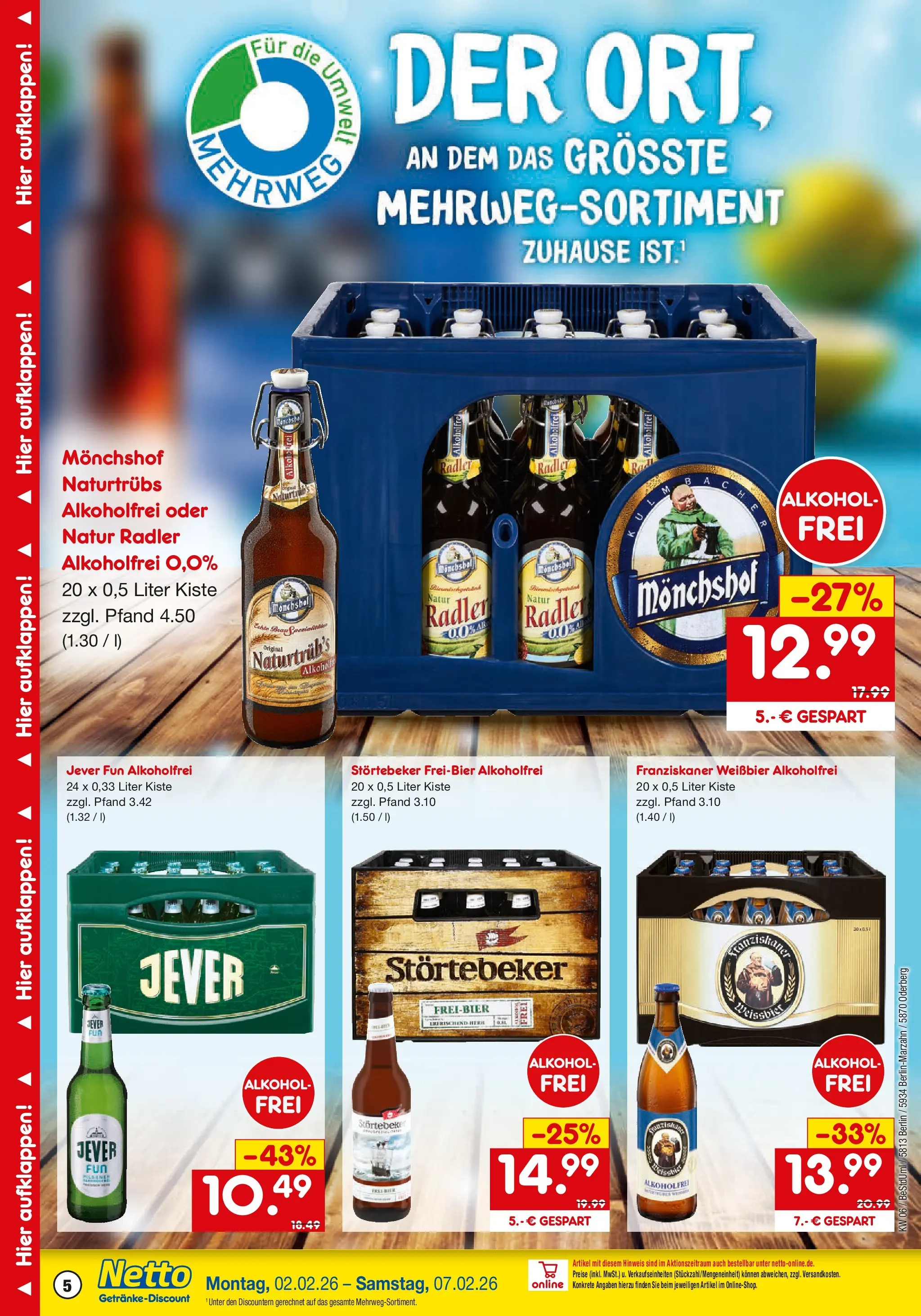 Netto Marken-Discount prospekt Berlin	 (ab 01.02.2026) » Angebote | Seite: 5 | Produkte: Monchshof, Weißbier, Radler, Jever