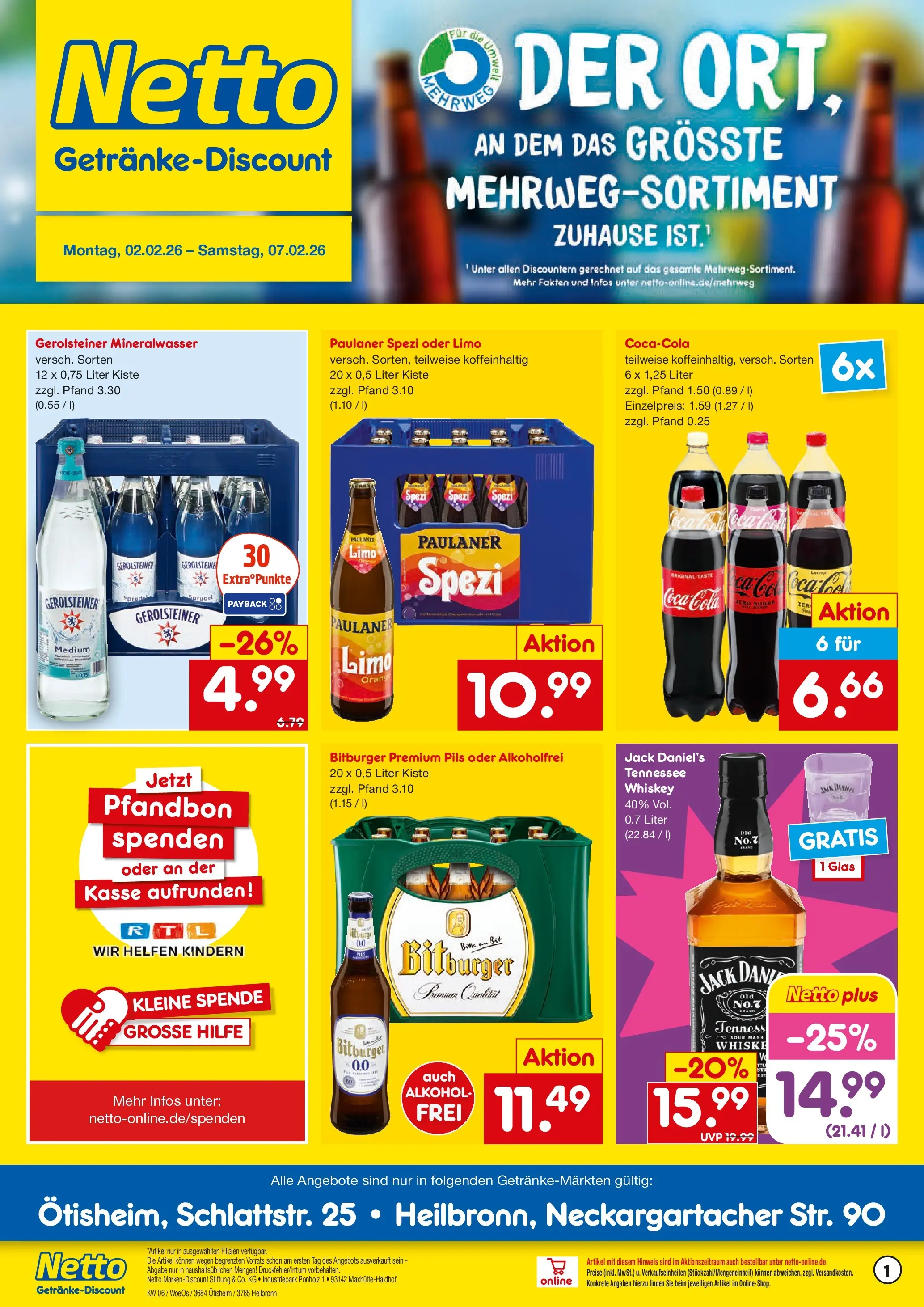 Netto Marken-Discount prospekt Ötisheim	 (ab 02.02.2026) » Angebote | Seite: 1 | Produkte: Cola, Pils, Mineralwasser, Gerolsteiner