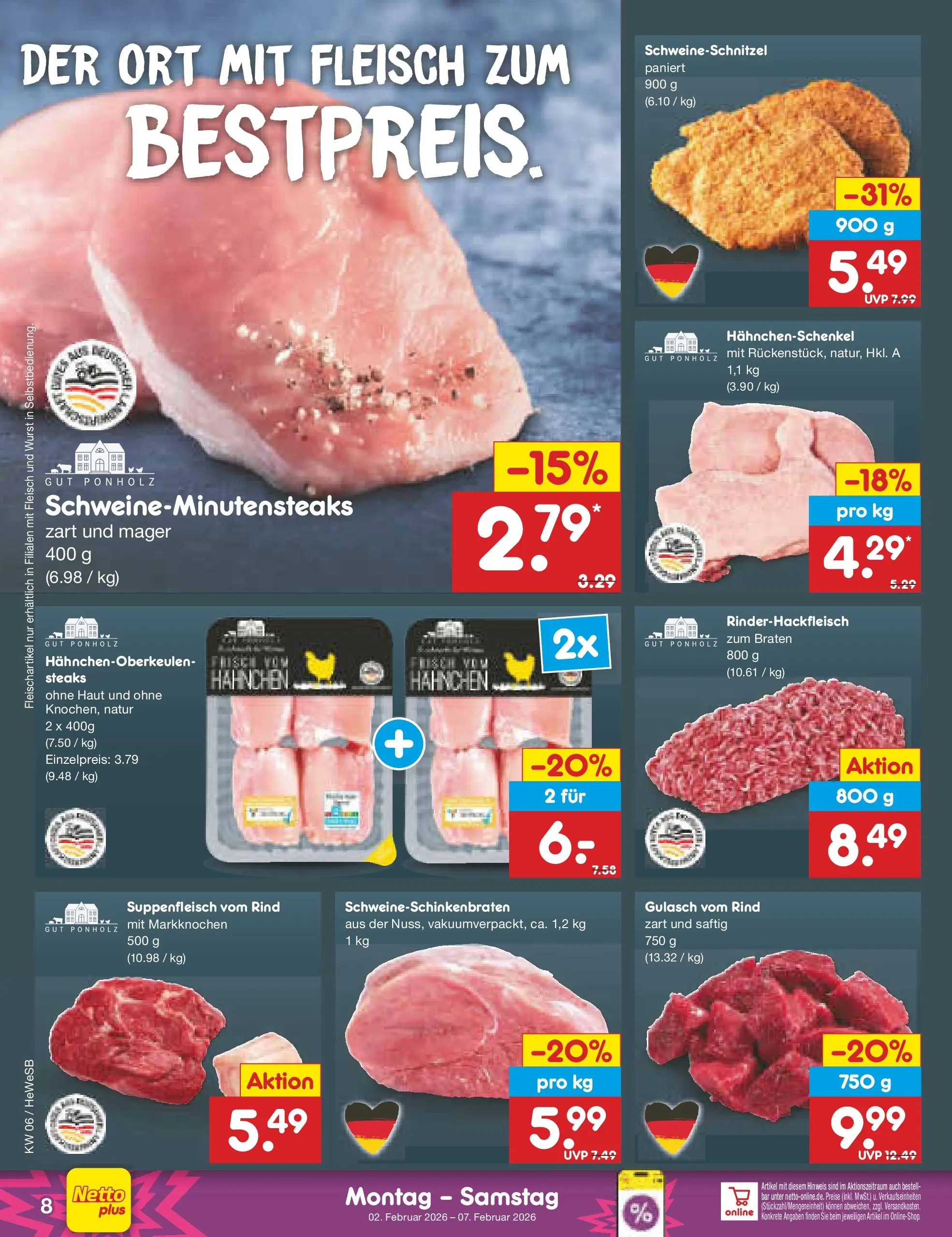 Netto Marken-Discount prospekt Hamburg	 (ab 02.02.2026) » Angebote | Seite: 8 | Produkte: Hahnchen, Gulasch, Suppenfleisch, Wurst