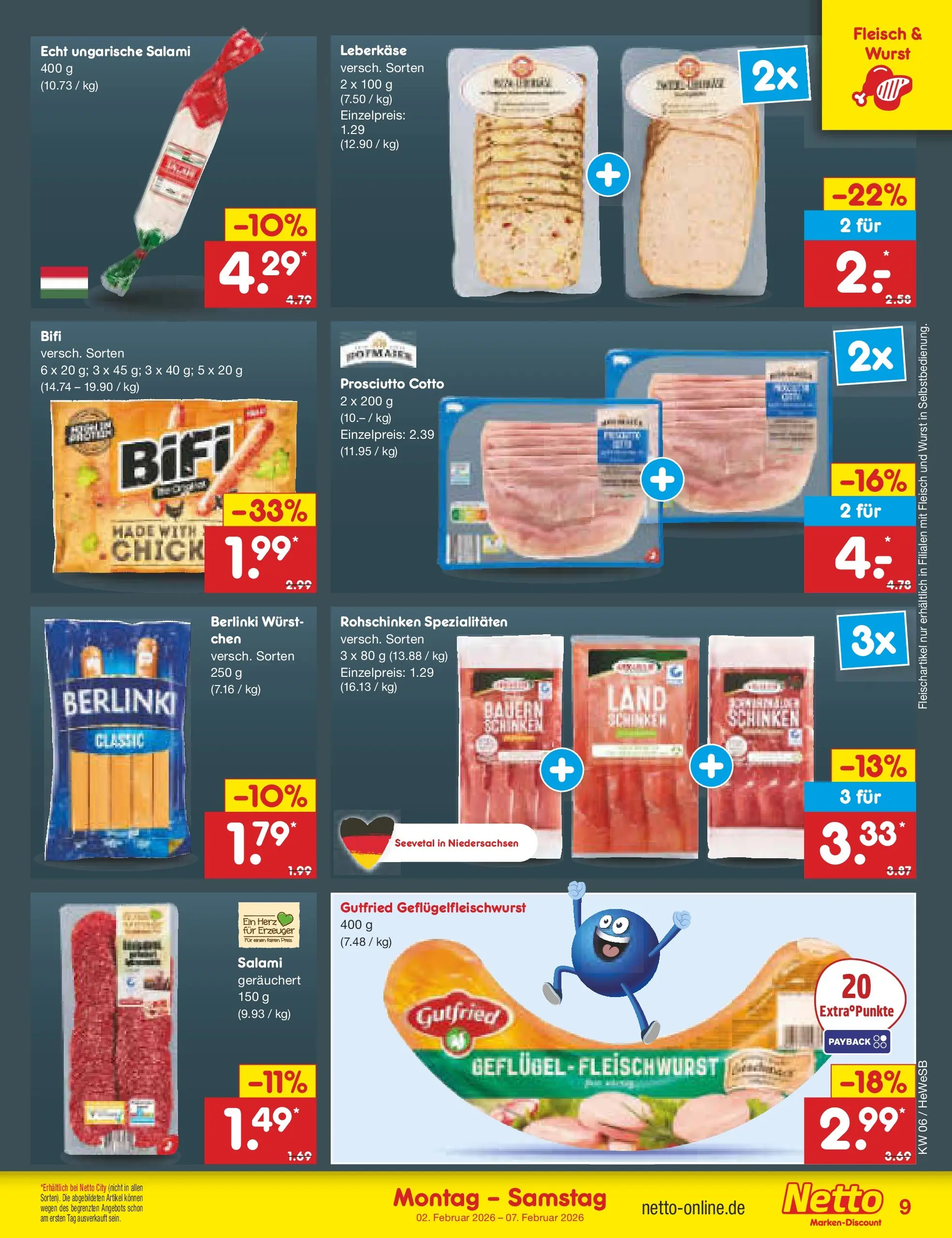 Netto Marken-Discount prospekt Hamburg	 (ab 02.02.2026) » Angebote | Seite: 9 | Produkte: Bifi, Wurst, Salami, Fleisch