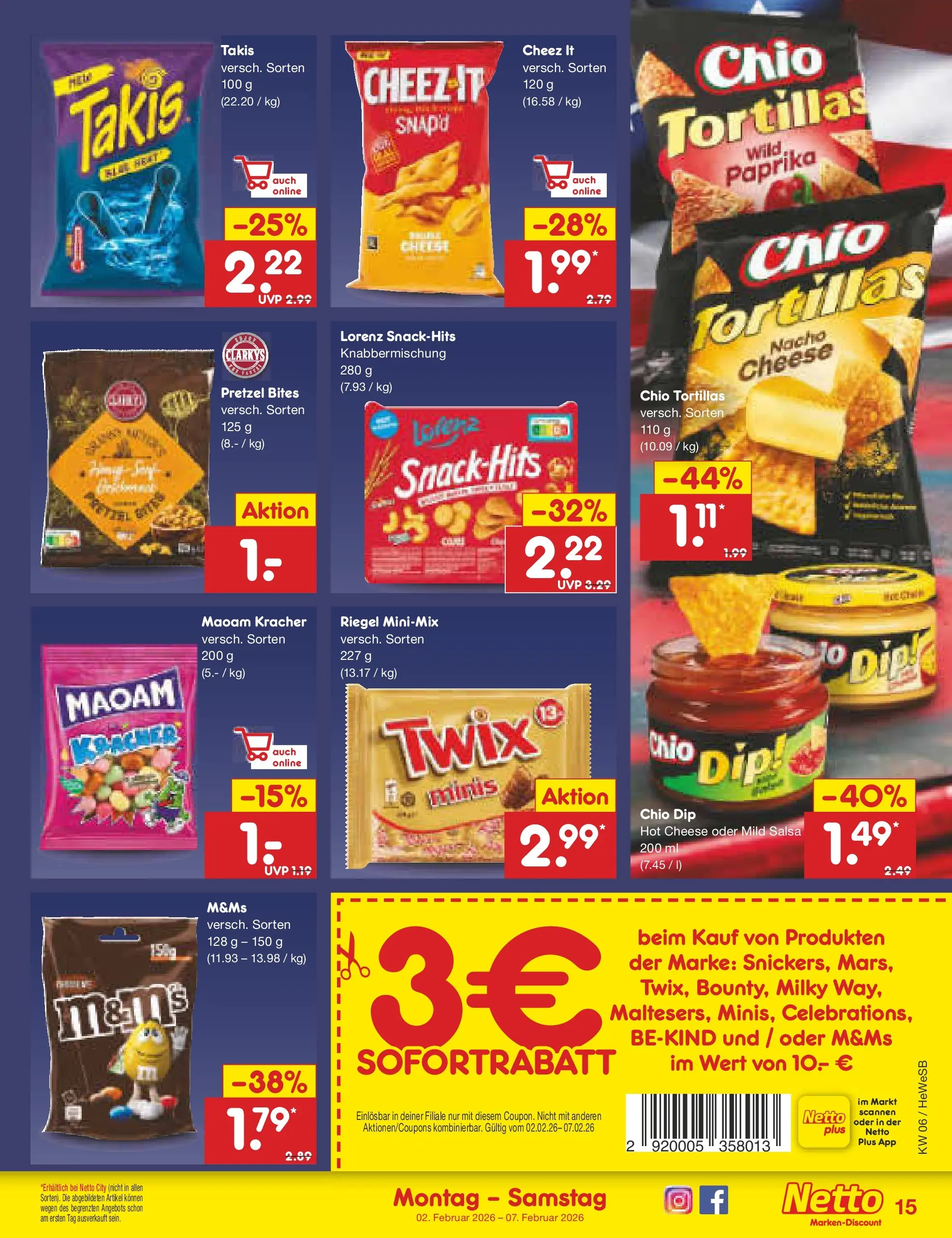 Netto Marken-Discount prospekt Hamburg	 (ab 02.02.2026) » Angebote | Seite: 15 | Produkte: M&M's, Twix, Paprika, Chio tortillas