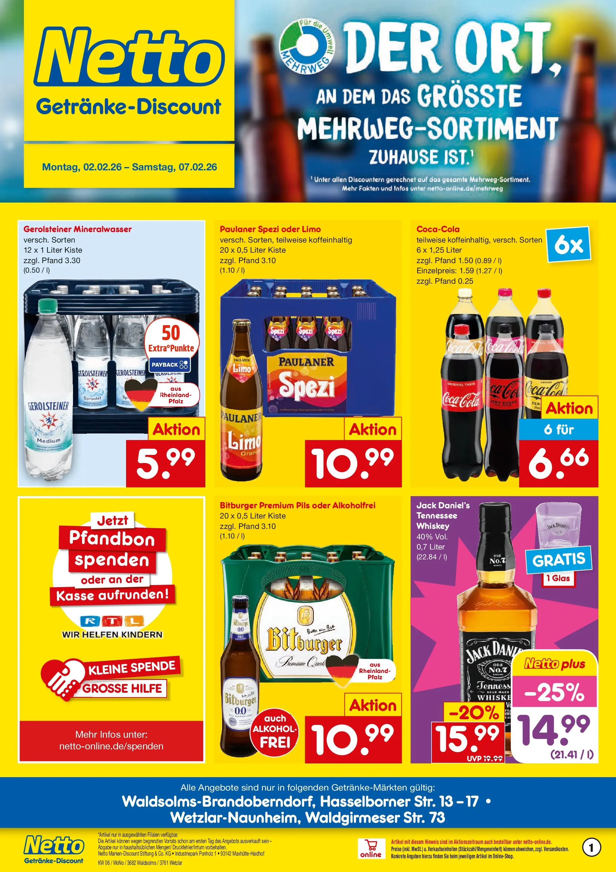 Netto Marken-Discount prospekt Wetzlar-Naunheim	 (ab 02.02.2026) » Angebote | Seite: 1 | Produkte: Bitburger, Coca cola, Paulaner spezi, Mineralwasser
