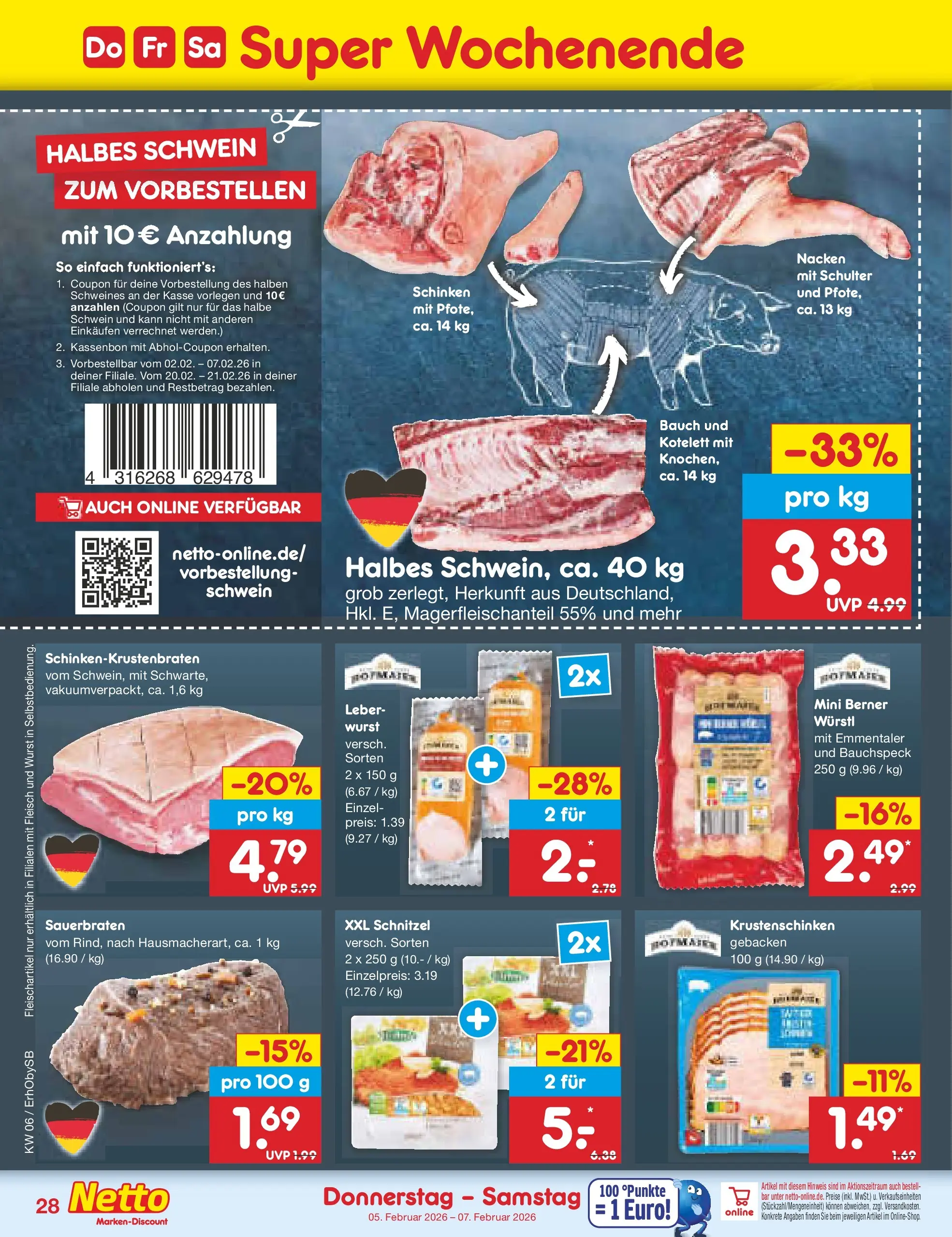 Netto Marken-Discount prospekt Mauern	 (ab 02.02.2026) » Angebote | Seite: 32 | Produkte: Würstl, Schnitzel, Schinken, Fleisch