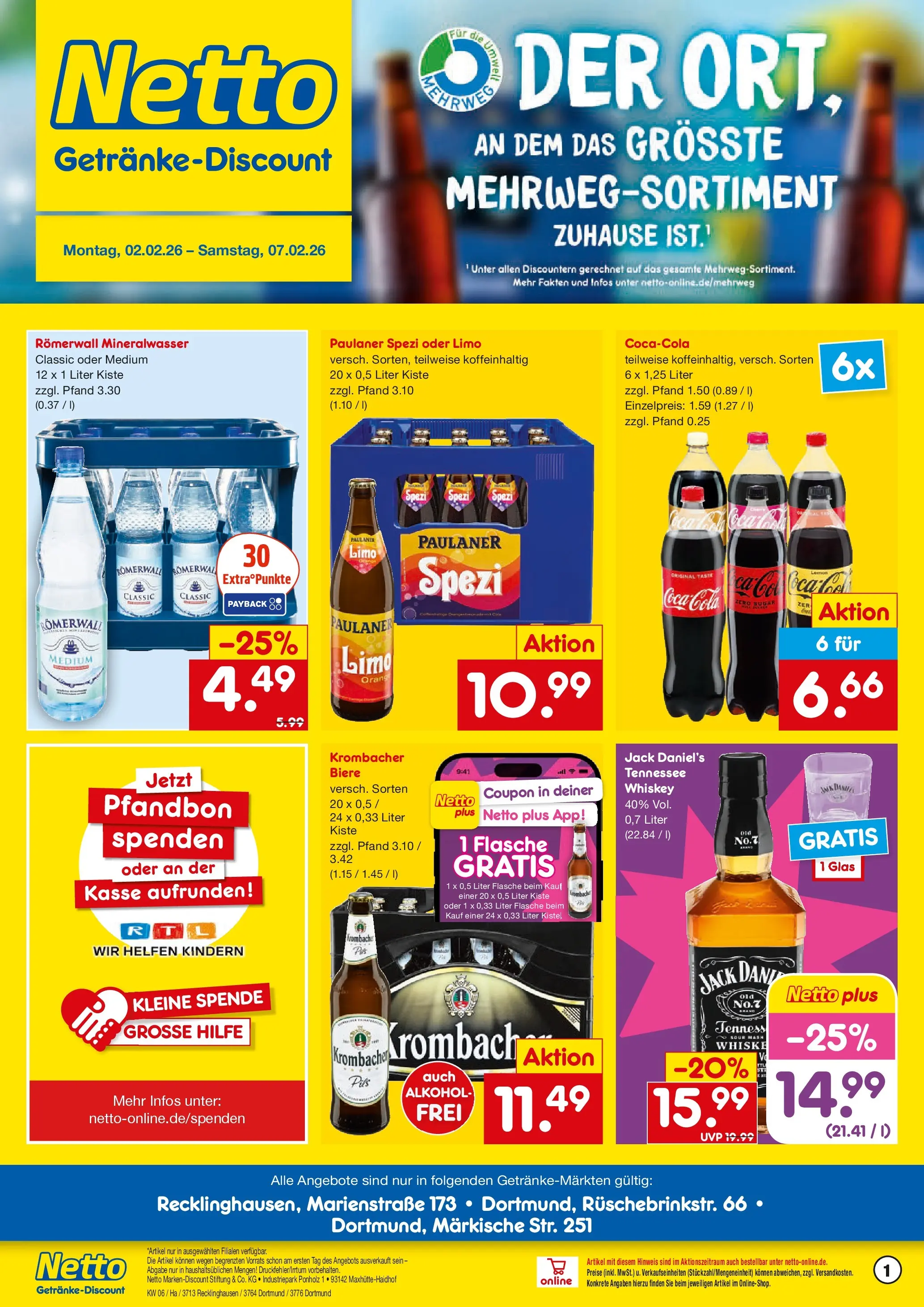 Netto Marken-Discount prospekt Dortmund	 (ab 02.02.2026) » Angebote | Seite: 1 | Produkte: Cola, Paulaner spezi, Krombacher, Paulaner