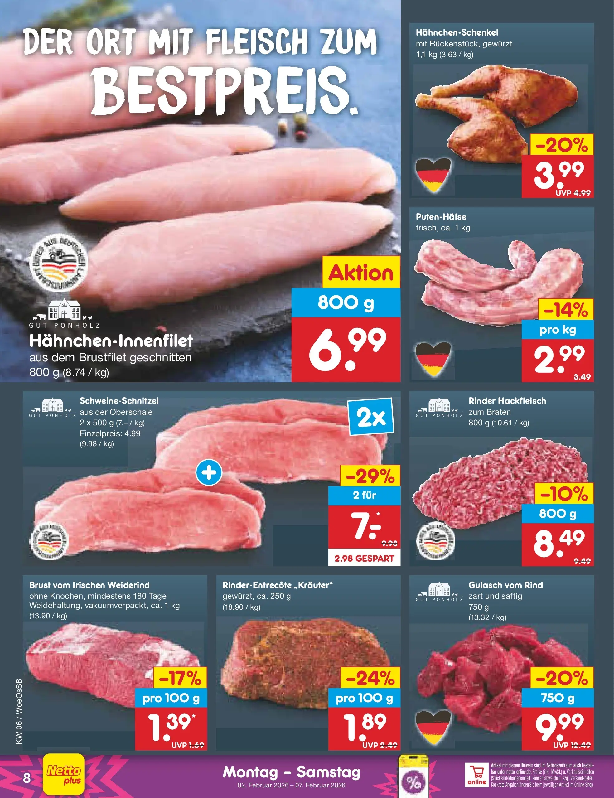 Netto Marken-Discount prospekt Gemmingen	 (ab 01.02.2026) » Angebote | Seite: 8 | Produkte: Hahnchenschenkel, Gulasch, Fleisch, Hackfleisch