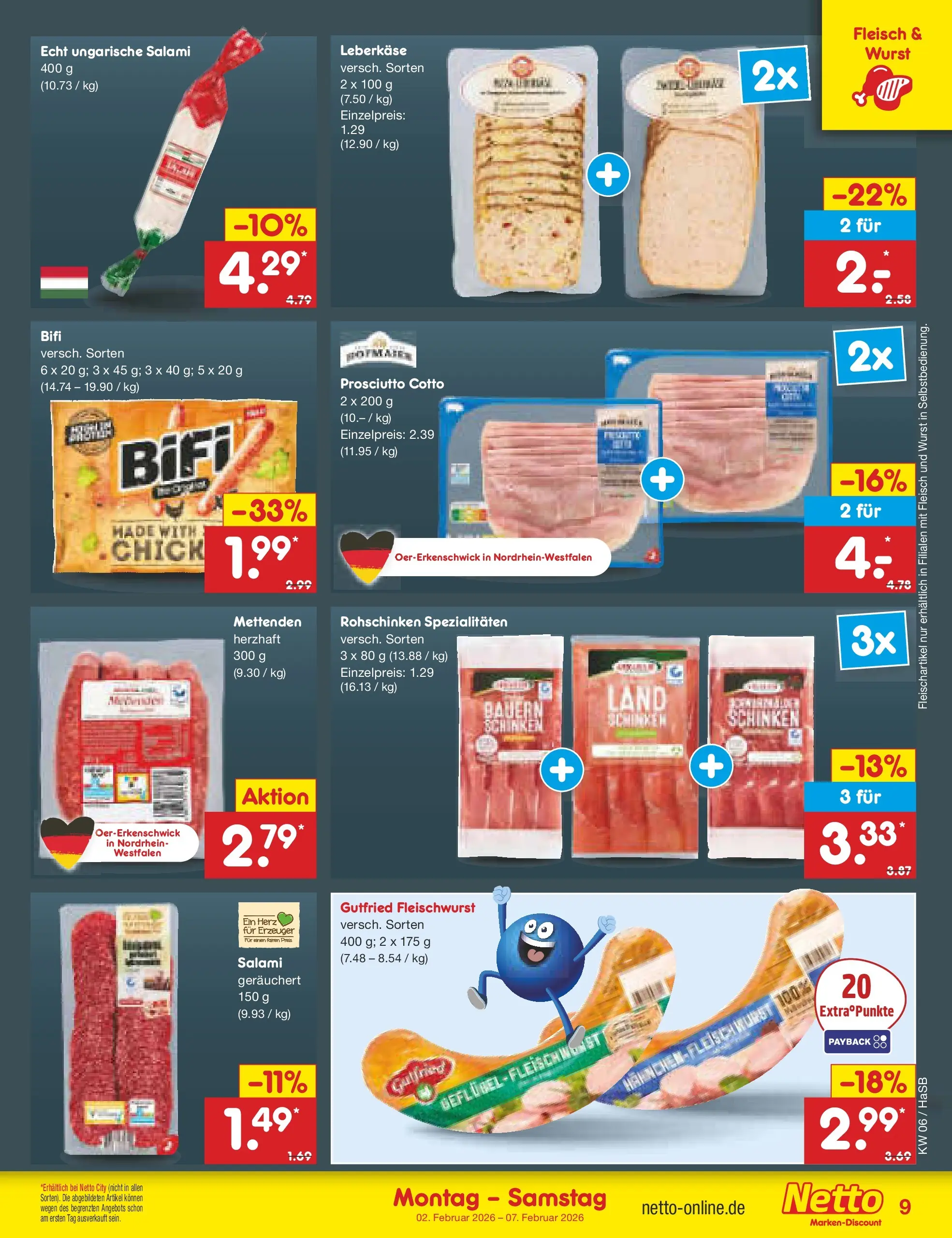 Netto Marken-Discount prospekt Wuppertal	 (ab 01.02.2026) » Angebote | Seite: 9 | Produkte: Wurst, Salami, Schinken, Leberkase
