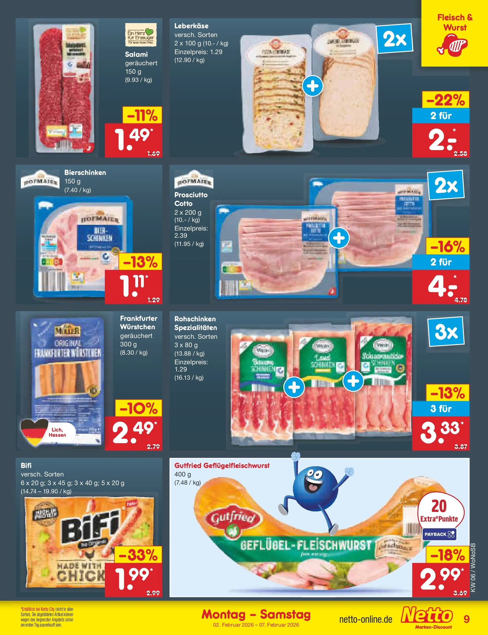 Netto Marken-Discount prospekt Lahnau	 (ab 02.02.2026) » Angebote | Seite: 9 | Produkte: Bifi, Wurst, Fleisch, Leberkase