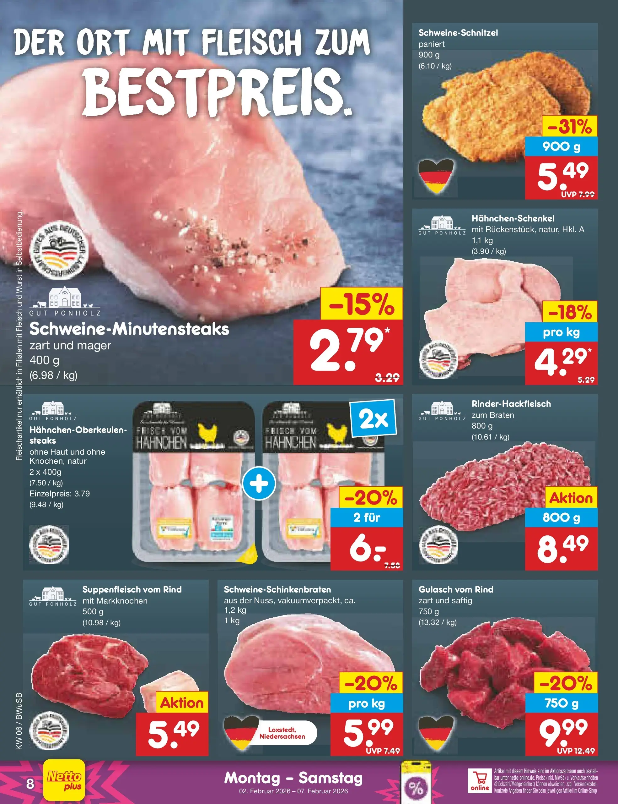 Netto Marken-Discount prospekt Stemwede-Dielingen	 (ab 01.02.2026) » Angebote | Seite: 8 | Produkte: Hahnchen, Hahnchenschenkel, Suppenfleisch, Fleisch
