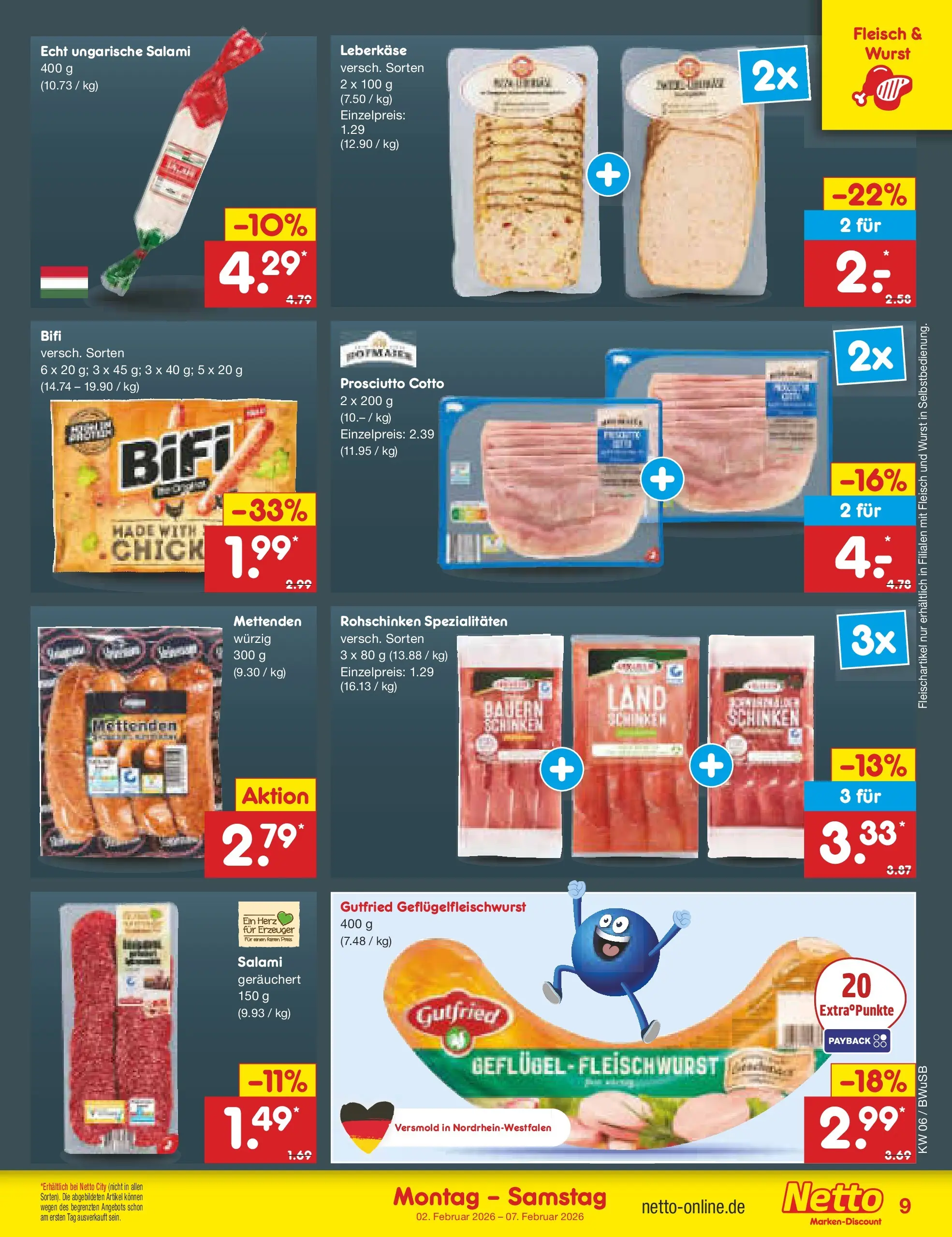 Netto Marken-Discount prospekt Stemwede-Dielingen	 (ab 01.02.2026) » Angebote | Seite: 9 | Produkte: Salami, Schinken, Fleisch, Leberkase