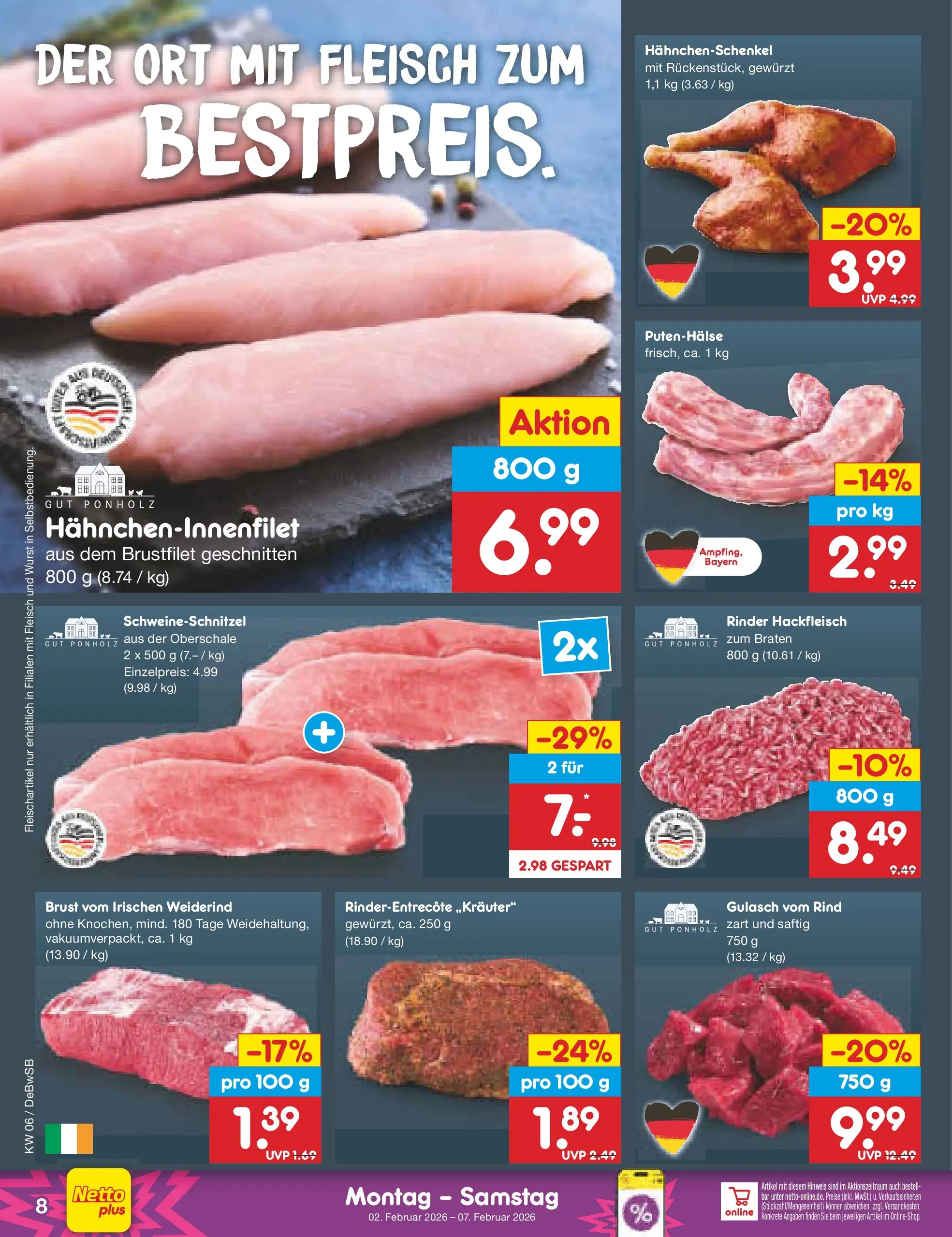 Netto Marken-Discount prospekt Waiblingen-Bittenfeld	 (ab 02.02.2026) » Angebote | Seite: 8 | Produkte: Hahnchenschenkel, Gulasch, Wurst, Fleisch