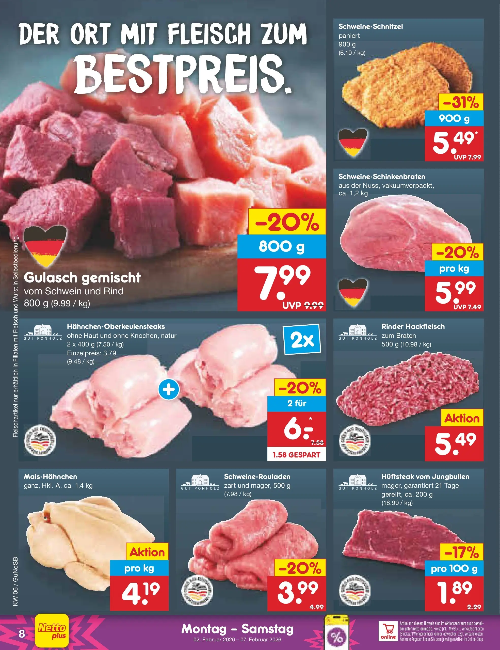 Netto Marken-Discount prospekt Machern	 (ab 02.02.2026) » Angebote | Seite: 8 | Produkte: Gulasch, Wurst, Fleisch, Hackfleisch