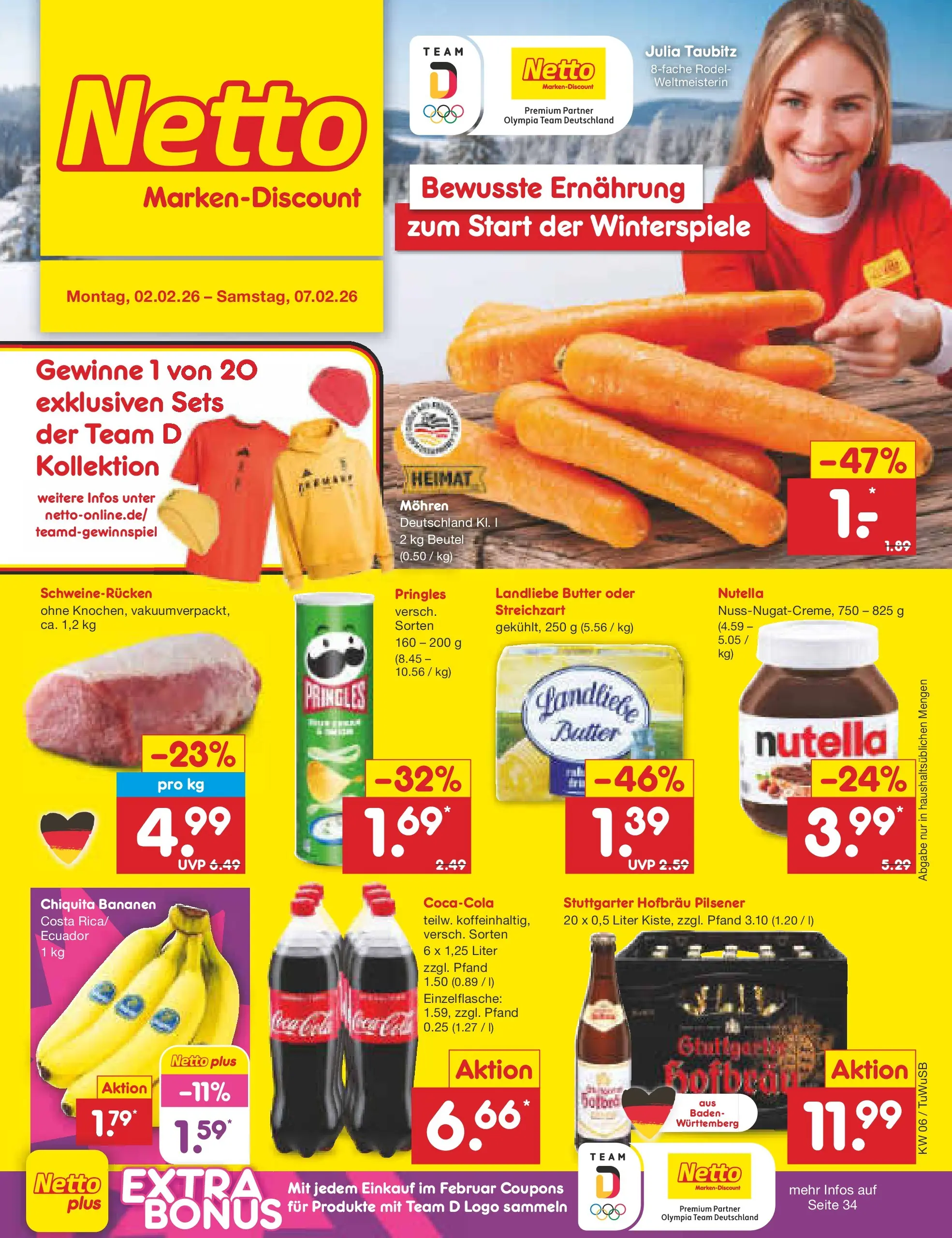 Netto Marken-Discount prospekt Calw-Stammheim	 (ab 01.02.2026) » Angebote | Seite: 1 | Produkte: Landliebe butter, Bananen, Nutella, Schweinerucken