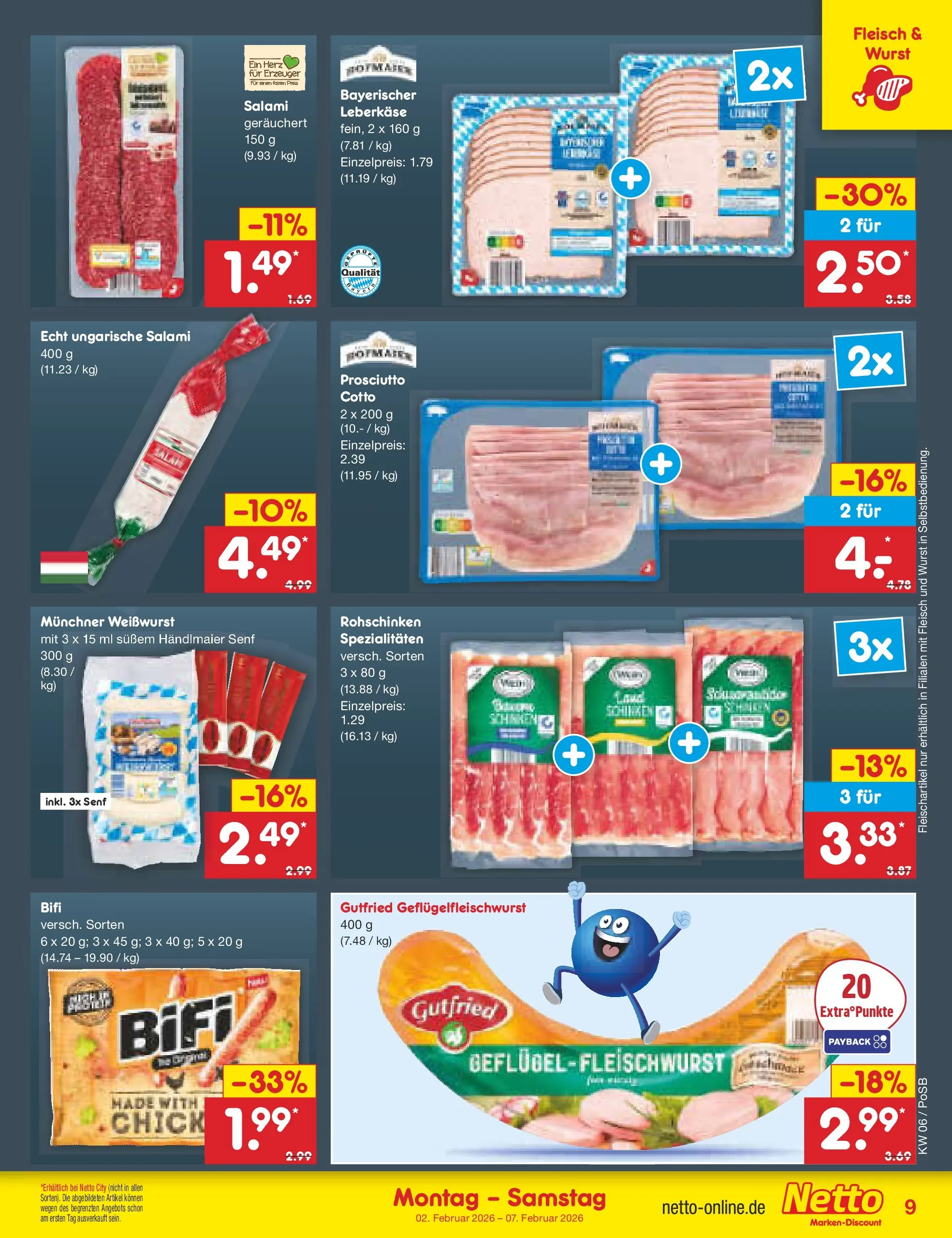 Netto Marken-Discount prospekt Regensburg	 (ab 01.02.2026) » Angebote | Seite: 9 | Produkte: Bifi, Weißwurst, Salami, Leberkase