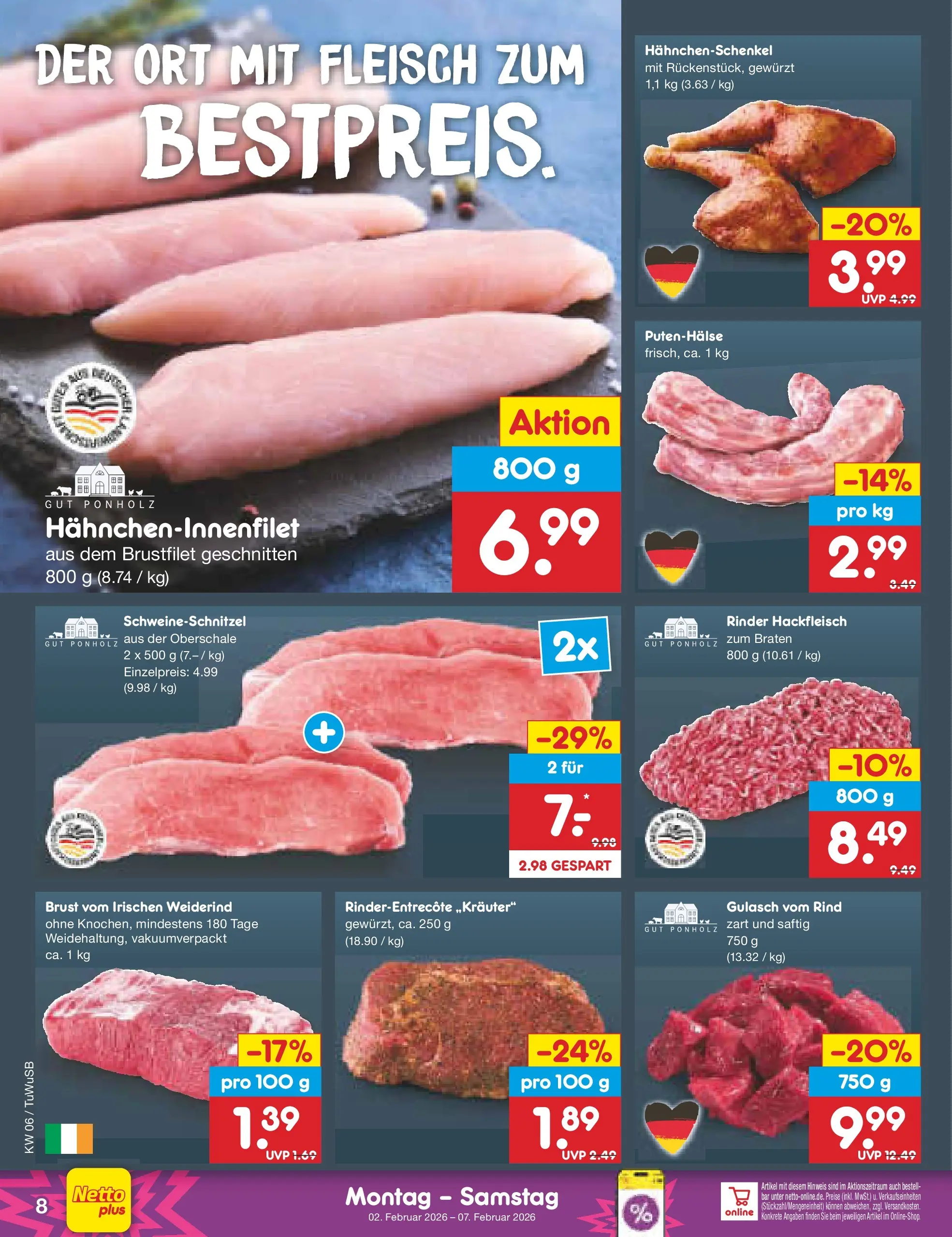 Netto Marken-Discount prospekt Calw-Stammheim	 (ab 01.02.2026) » Angebote | Seite: 8 | Produkte: Hahnchenschenkel, Gulasch, Fleisch, Hackfleisch