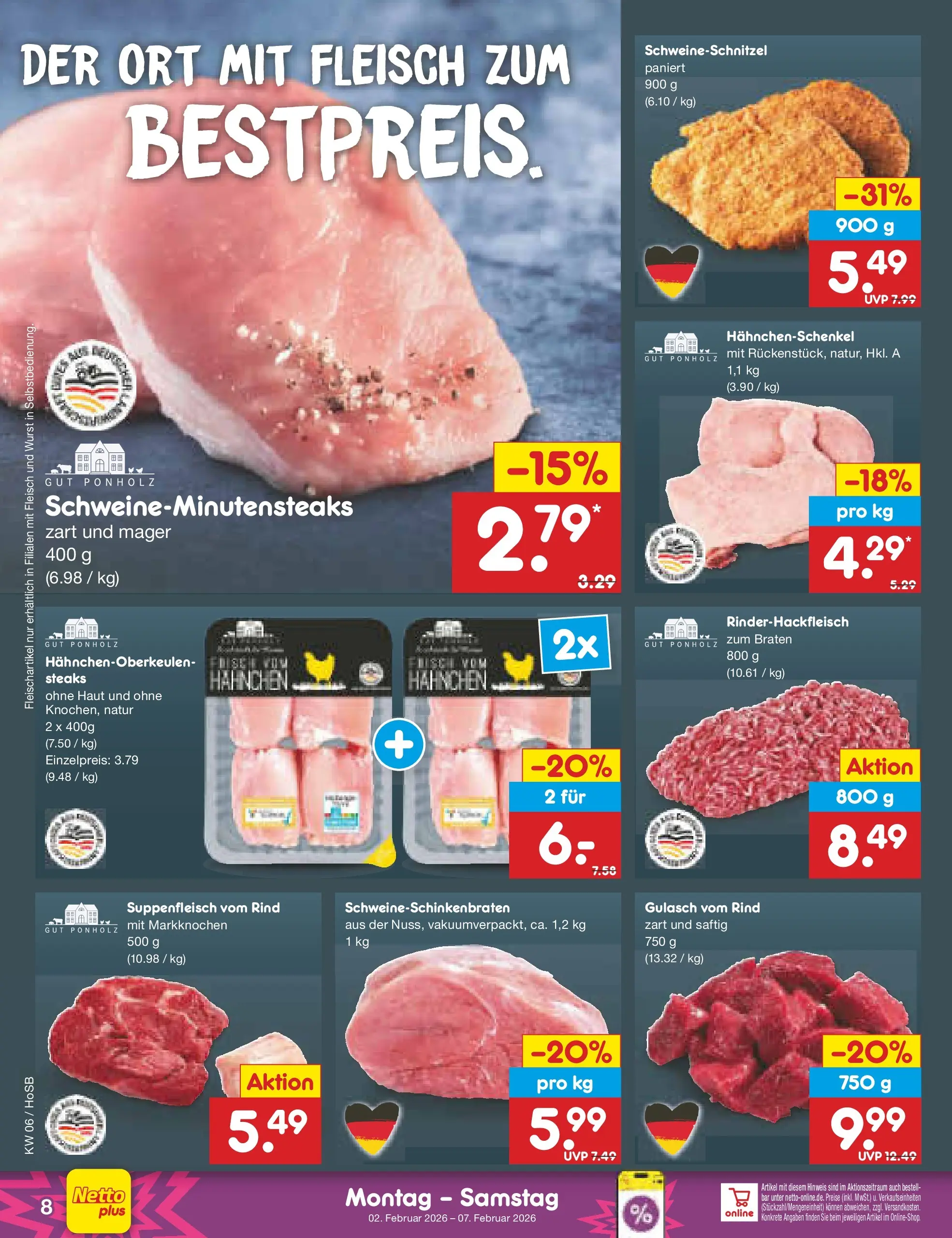Netto Marken-Discount prospekt Hannover	 (ab 01.02.2026) » Angebote | Seite: 8 | Produkte: Hahnchen, Gulasch, Suppenfleisch, Wurst