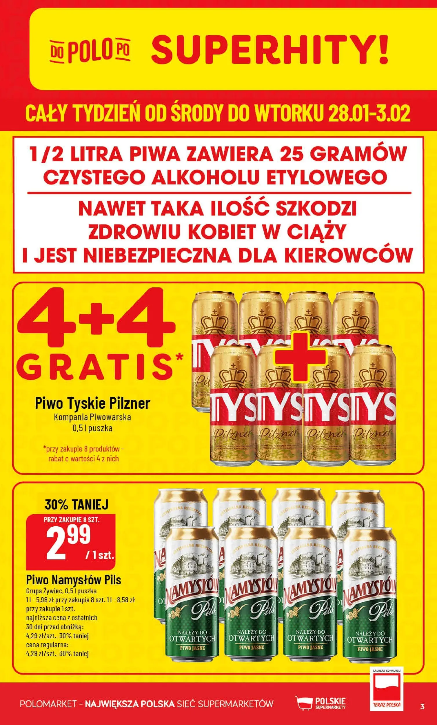 Nowa POLOmarket gazetka od jutra 28.01.2026 (PDF) | Strona: 3 | Produkty: Tyskie, Piwo, Piwo Namysłów