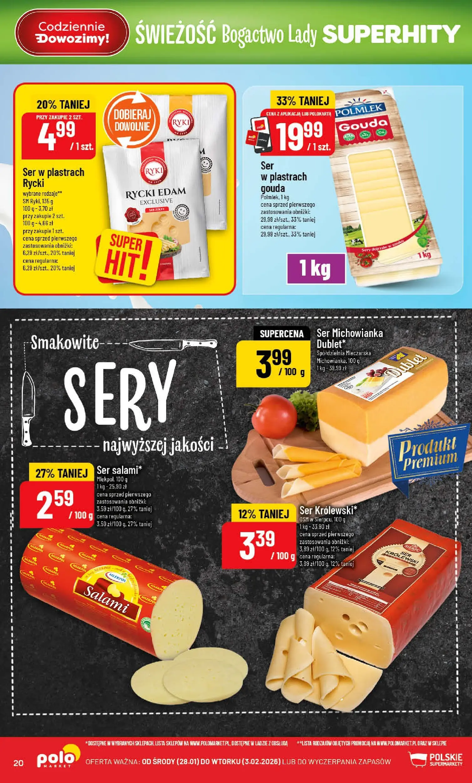 Nowa POLOmarket gazetka od jutra 28.01.2026 (PDF) | Strona: 20 | Produkty: Sery, Ser, Salami